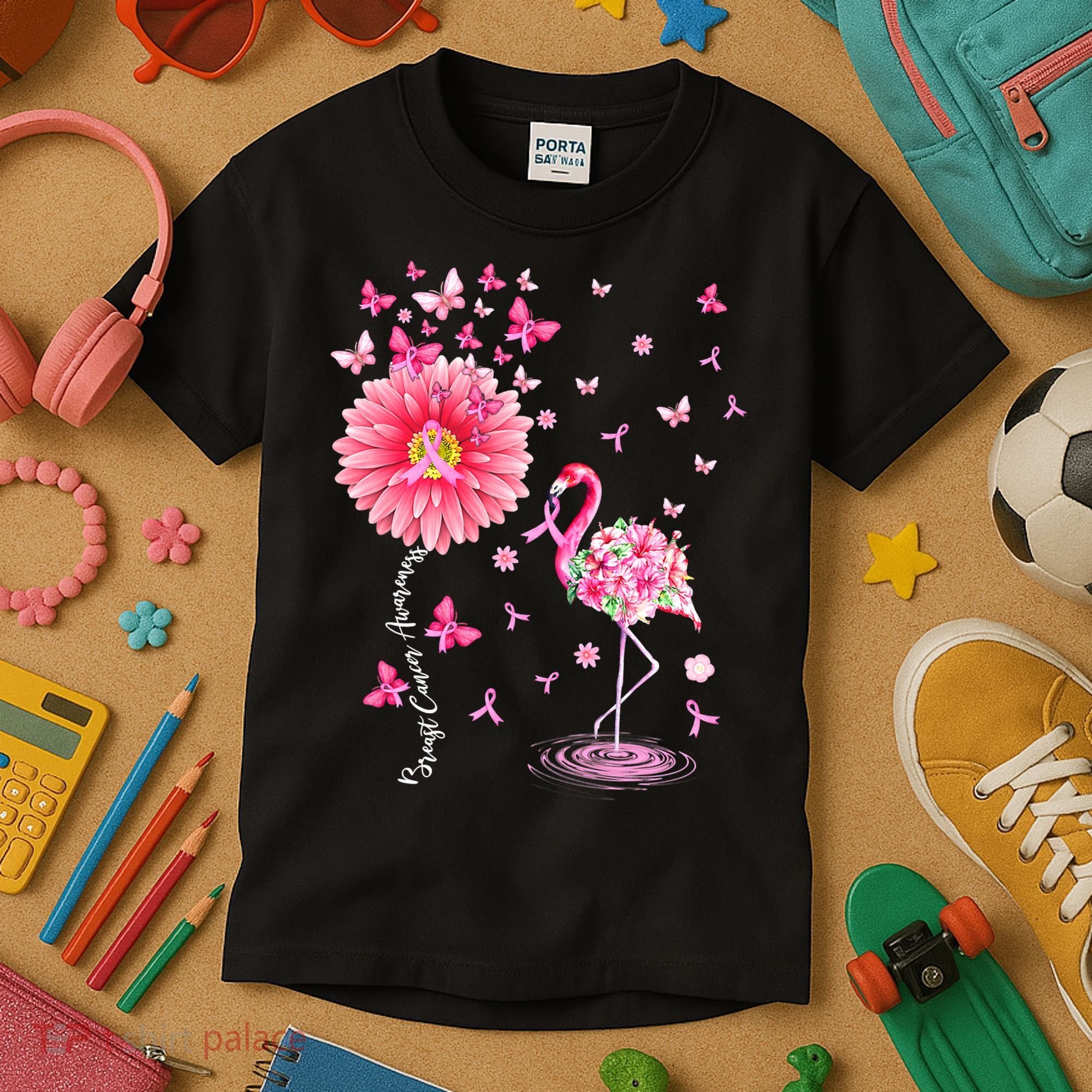Breast Cancer Pink Flamingo Daisy Awareness Ribbon Kids T-Shirt