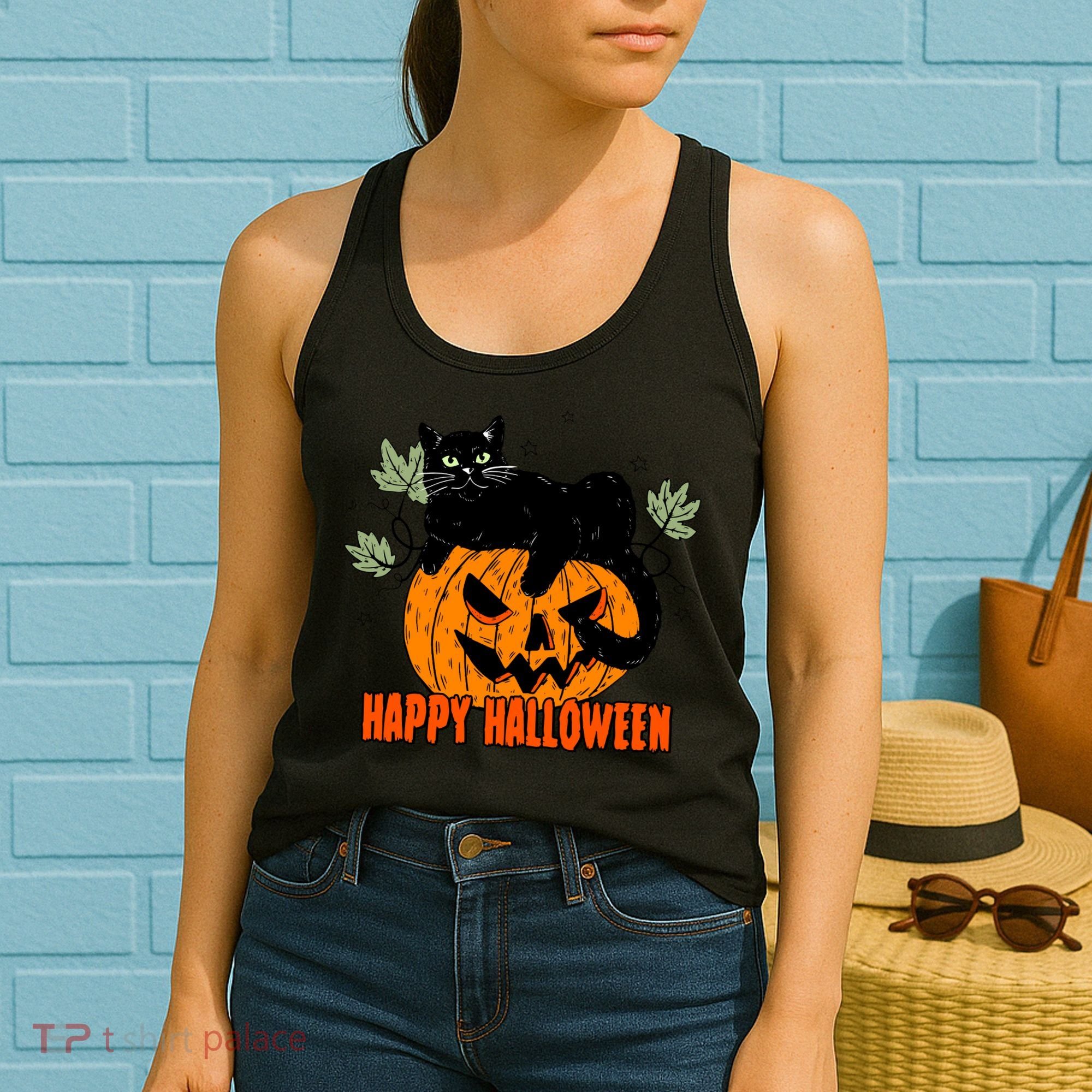 Black Cat Pumpkin Halloween Day Sublimation Retro Halloween Women's Tank Top