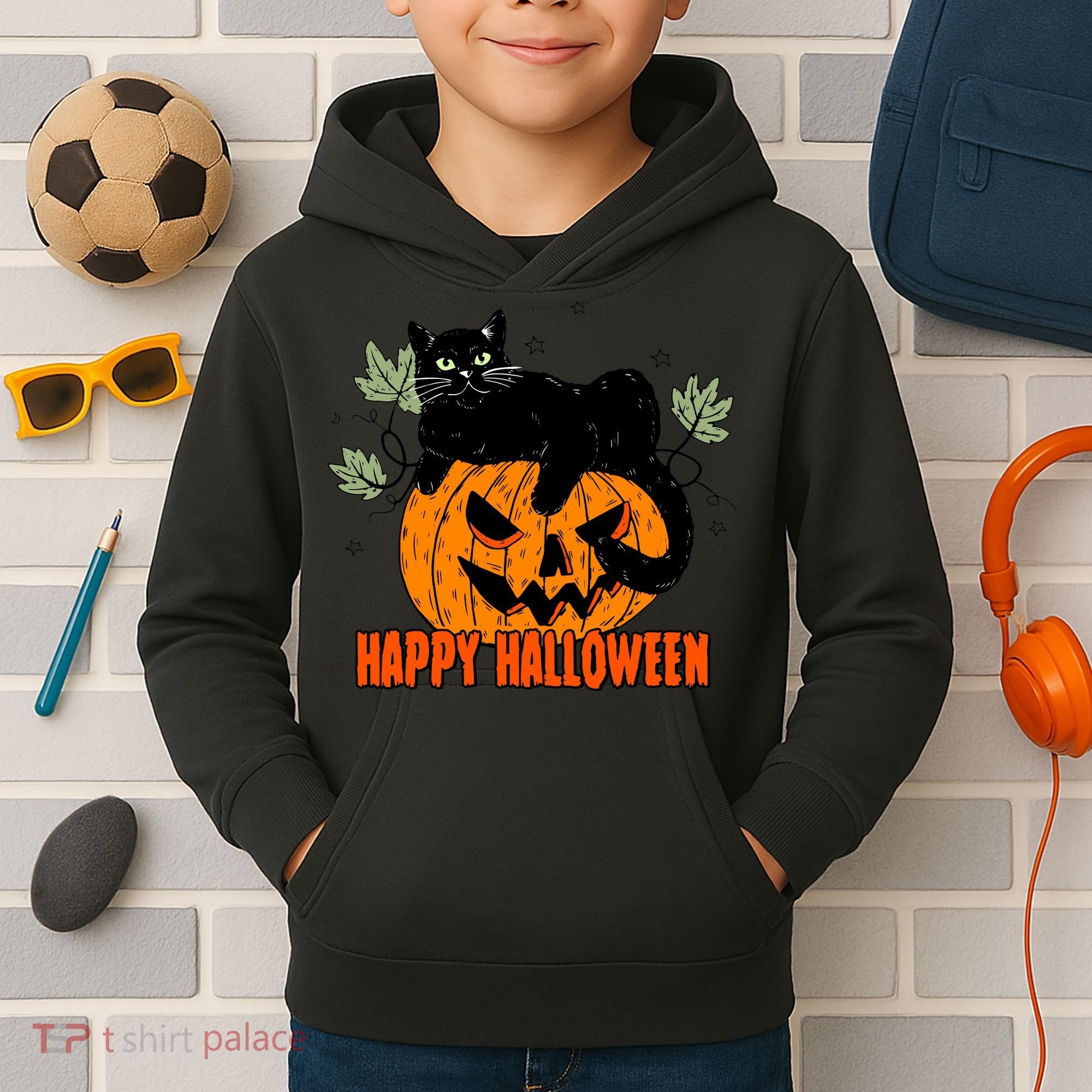 Black Cat Pumpkin Halloween Day Sublimation Retro Halloween Kids Hoodie