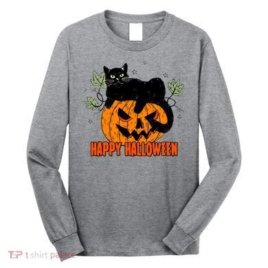 Black Cat Pumpkin Halloween Day Sublimation Retro Halloween Long Sleeve Shirt