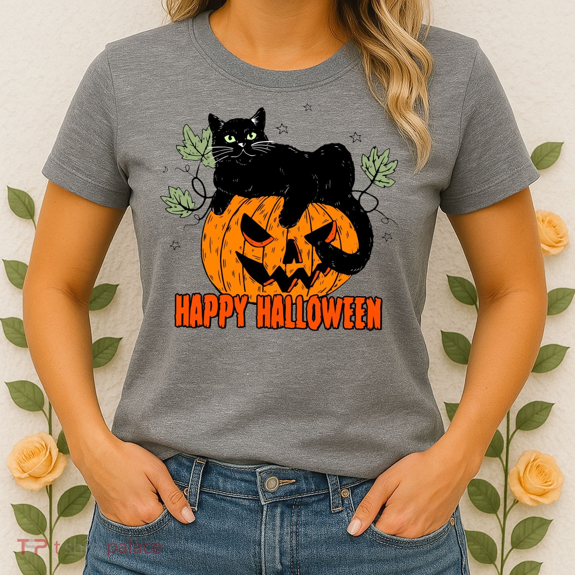 Black Cat Pumpkin Halloween Day Sublimation Retro Halloween Women's T-Shirt