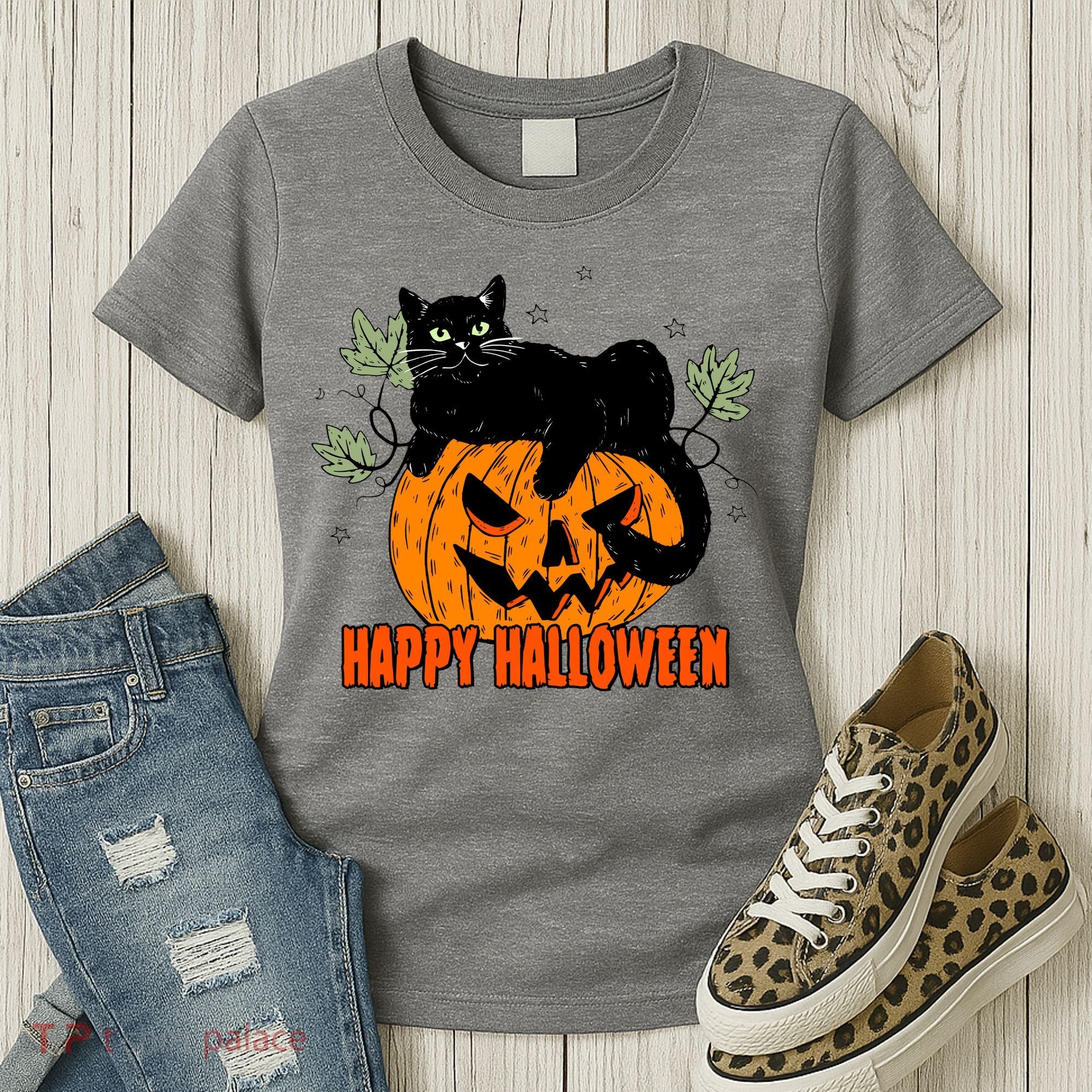 Black Cat Pumpkin Halloween Day Sublimation Retro Halloween Women's T-Shirt