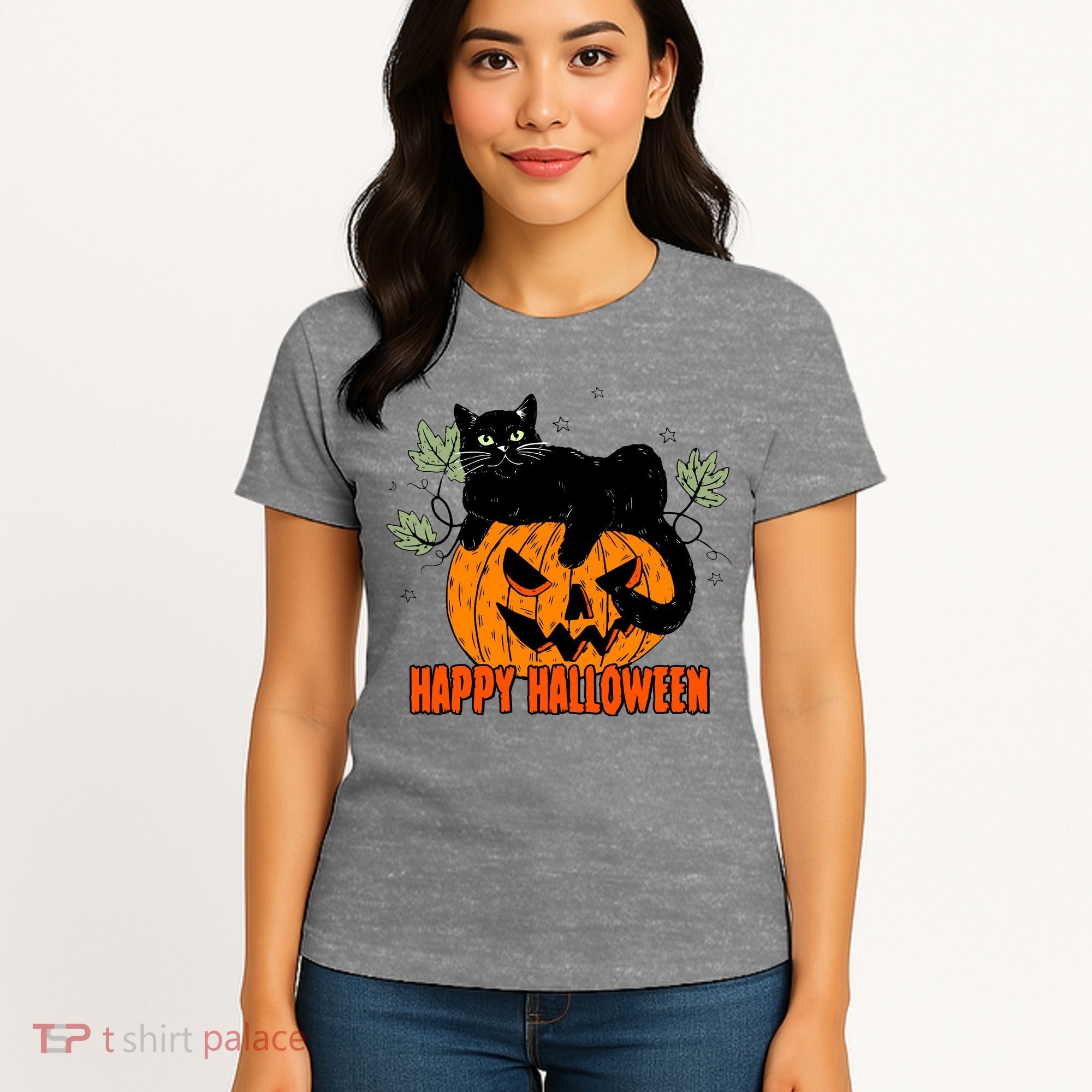 Black Cat Pumpkin Halloween Day Sublimation Retro Halloween Women's T-Shirt