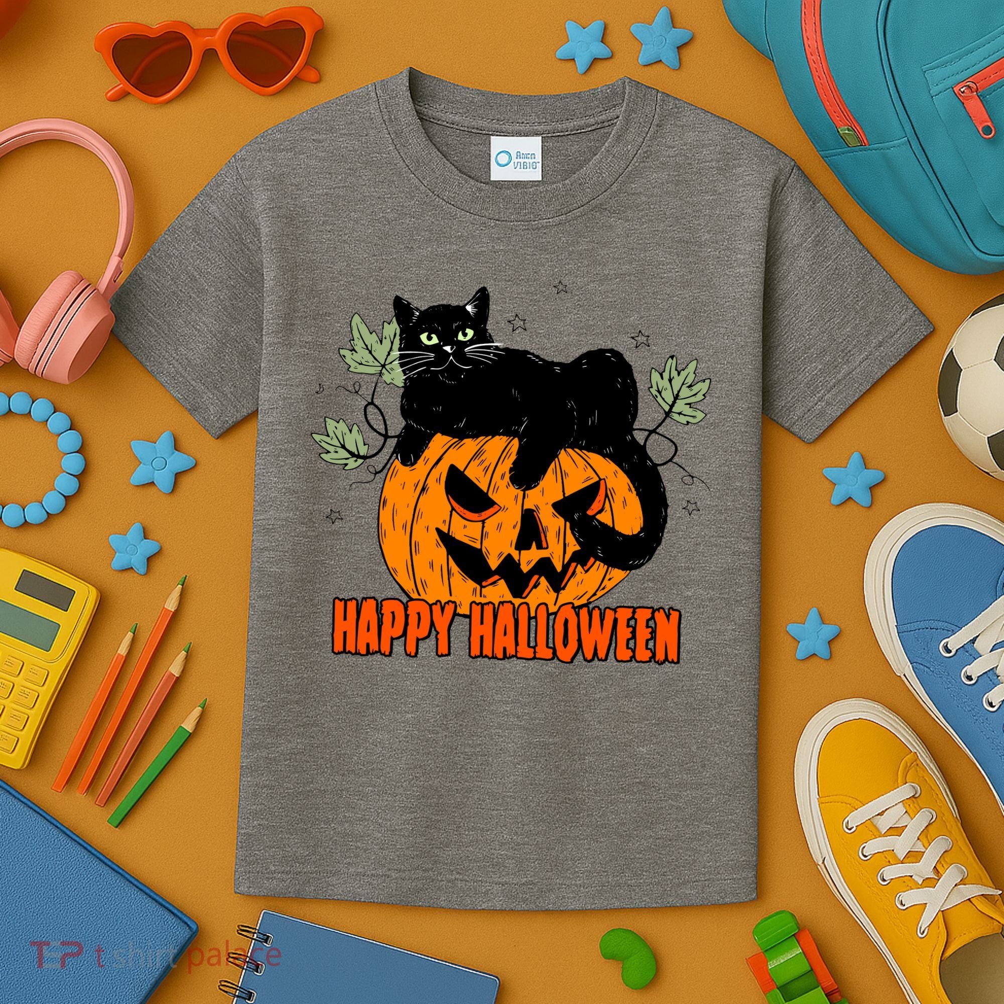 Black Cat Pumpkin Halloween Day Sublimation Retro Halloween Kids T-Shirt