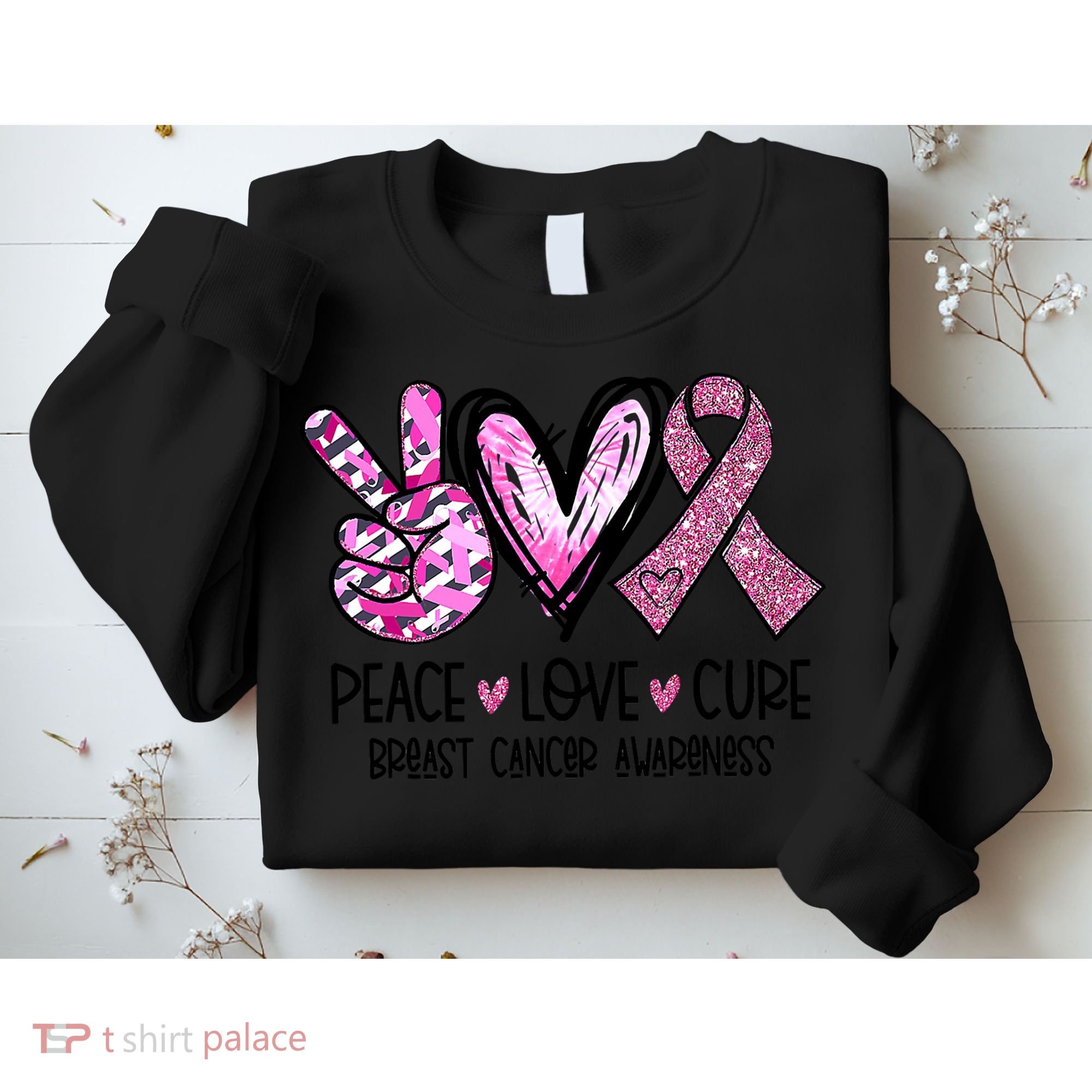 Breast Cancer Peace Love Cure Pink Ribbon Awareness Sweatshirt