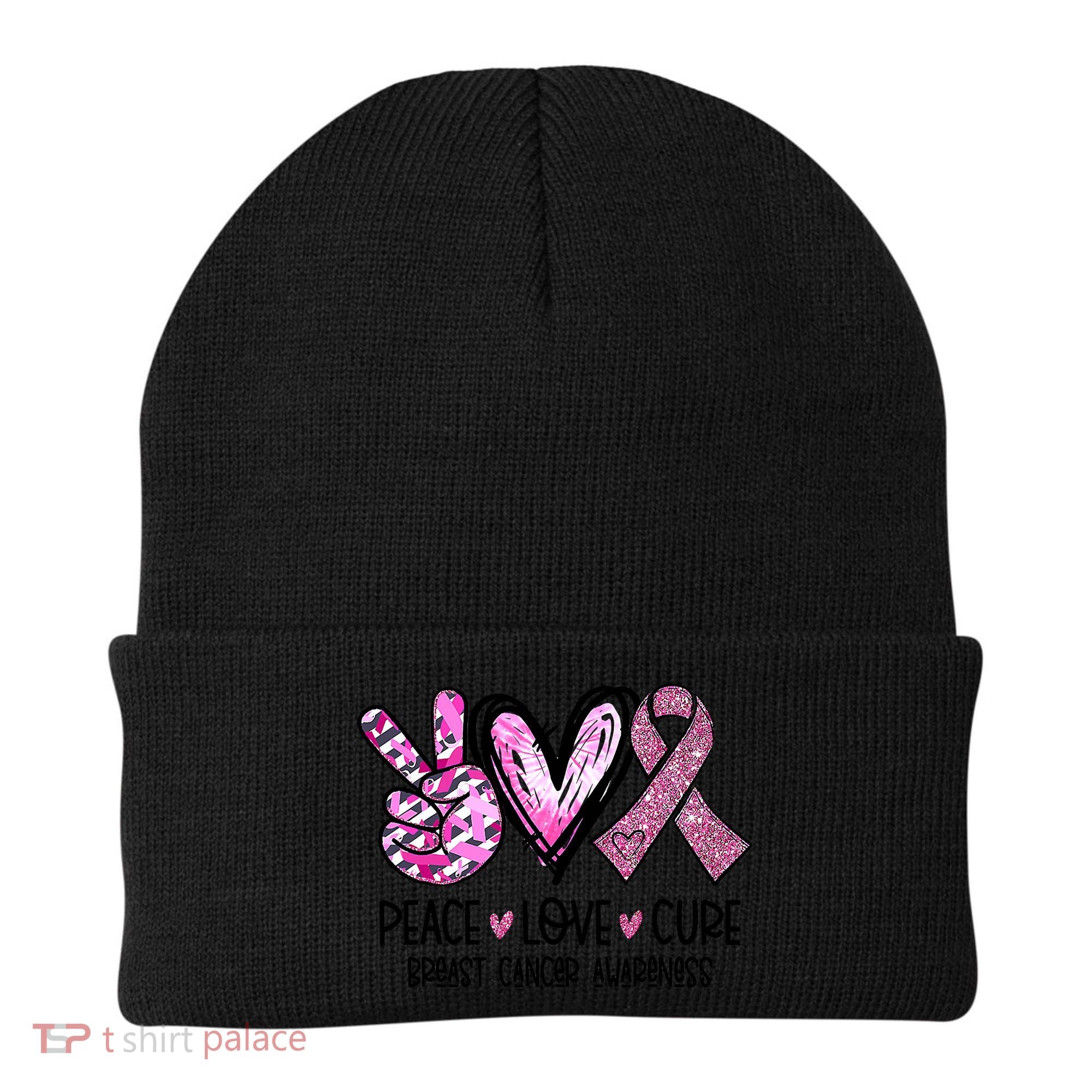 Breast Cancer Peace Love Cure Pink Ribbon Awareness Beanie