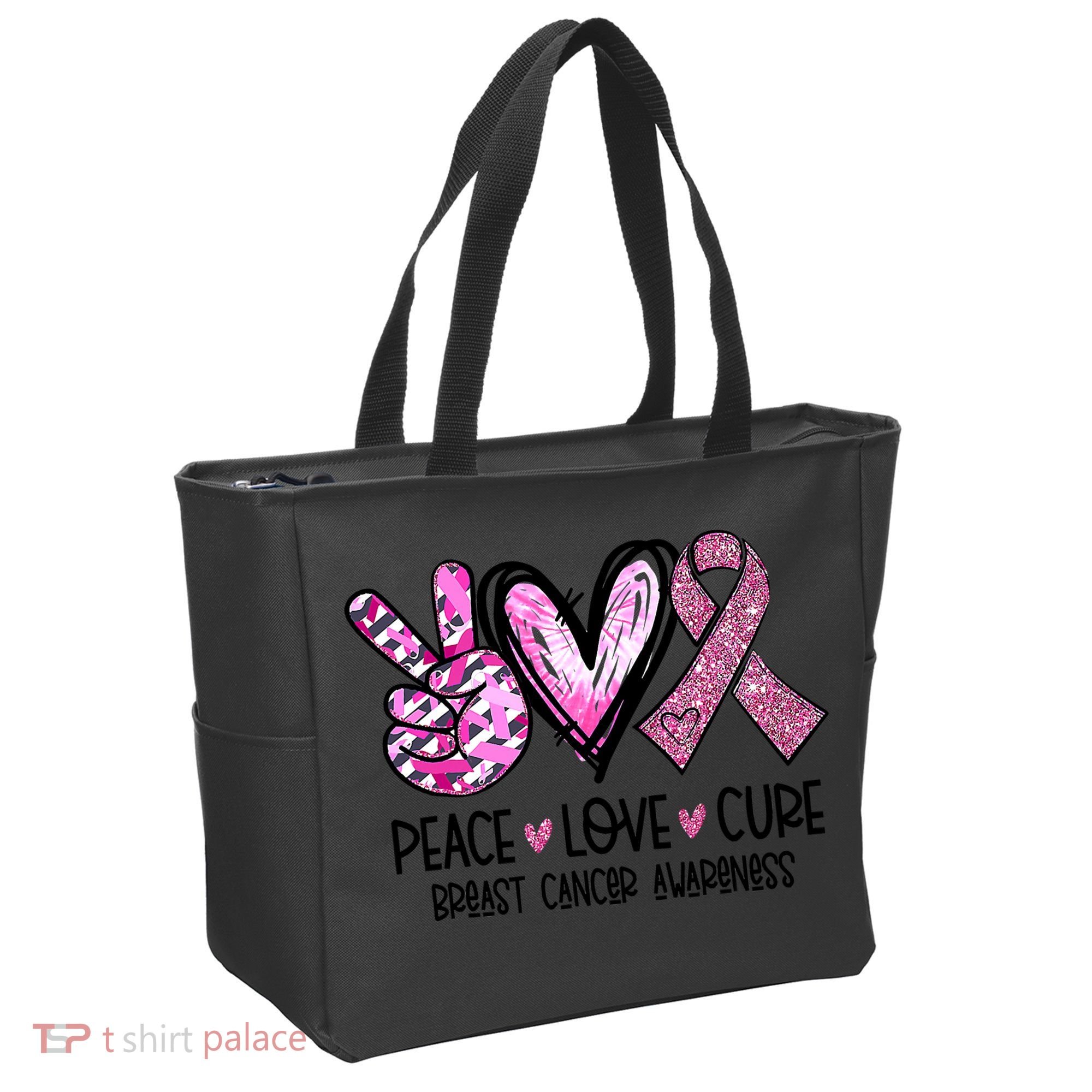 Breast Cancer Peace Love Cure Pink Ribbon Awareness Tote Bag
