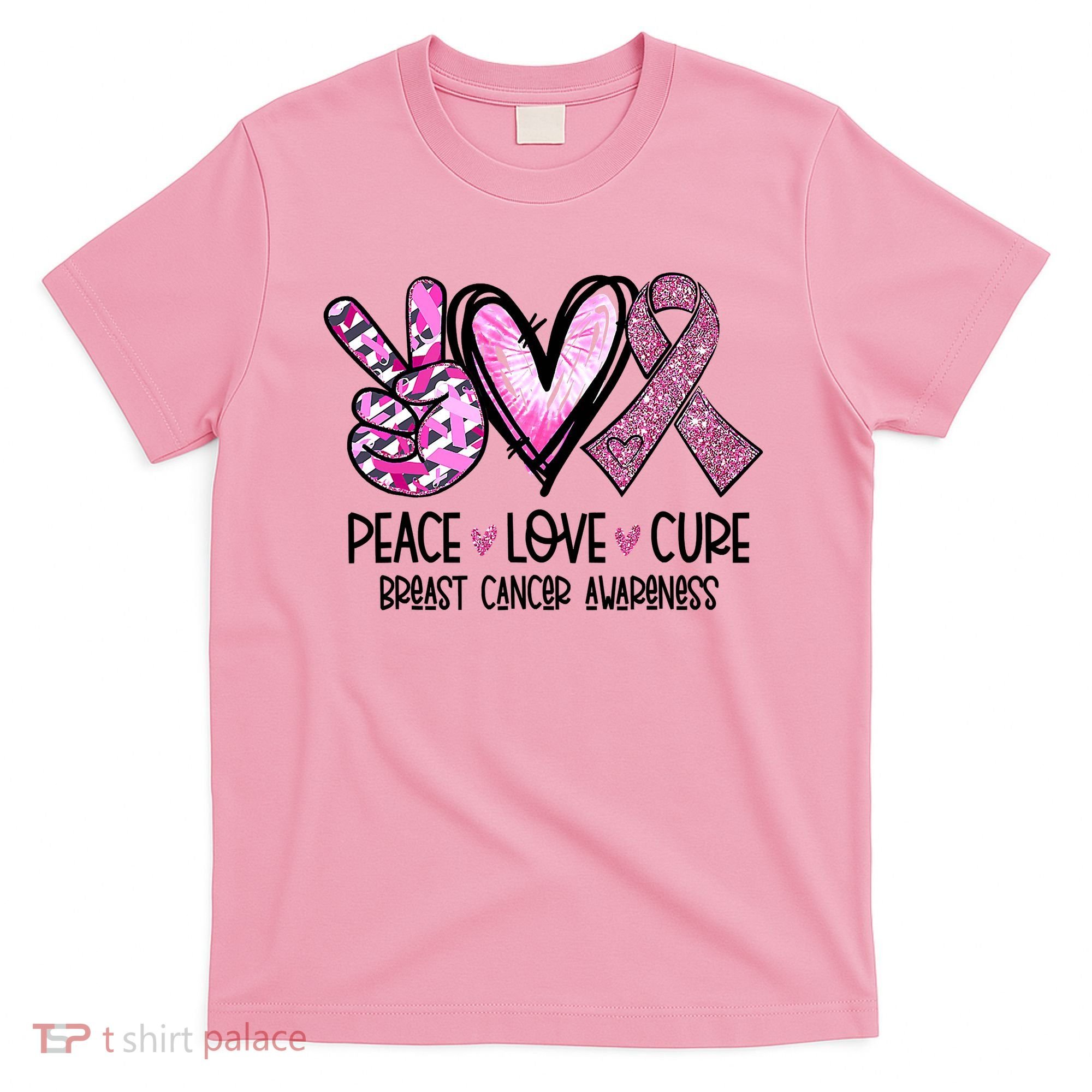 Breast Cancer Peace Love Cure Pink Ribbon Awareness T-Shirt