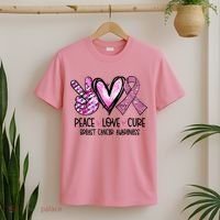 Breast Cancer Peace Love Cure Pink Ribbon Awareness T-Shirt thumb 2