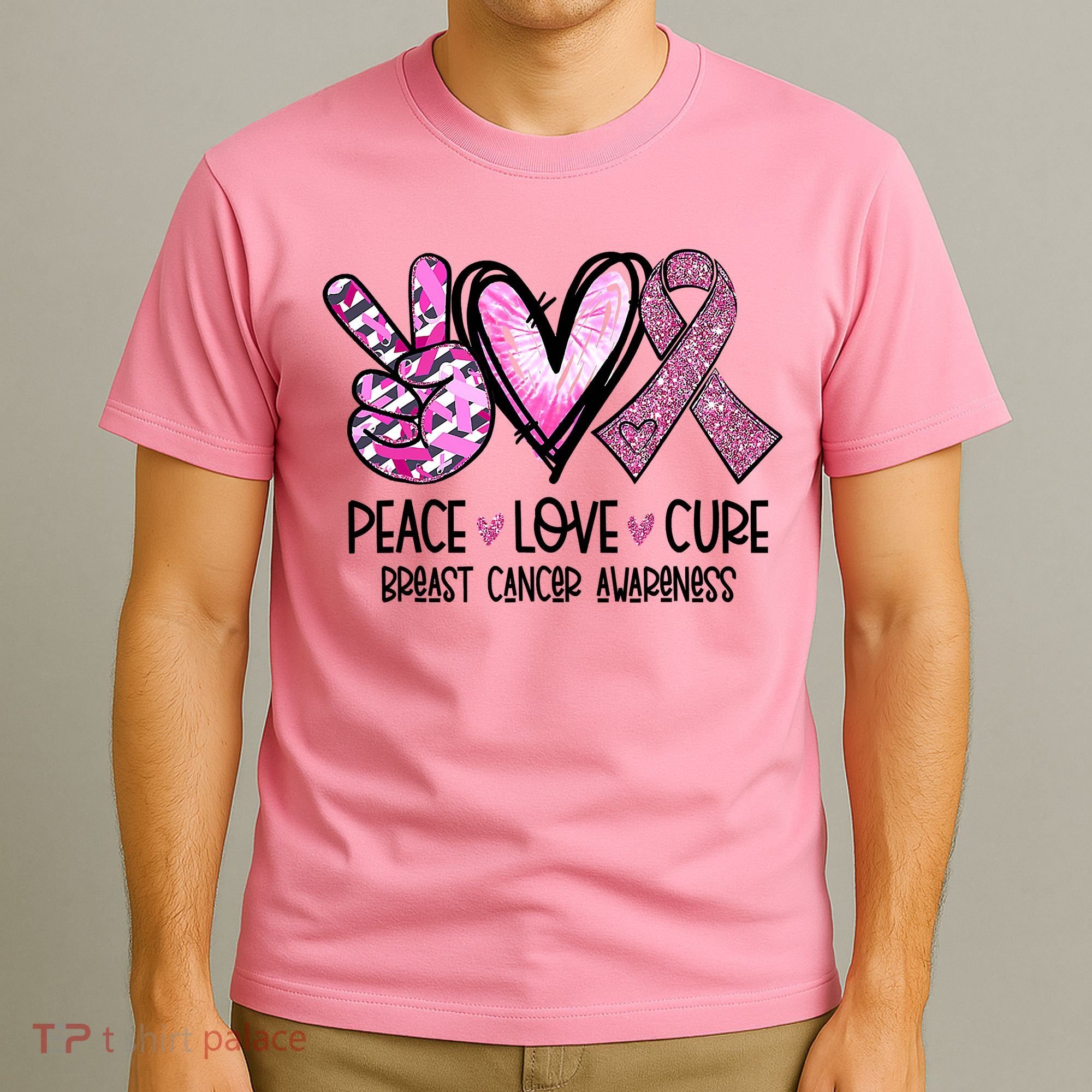 Breast Cancer Peace Love Cure Pink Ribbon Awareness T-Shirt