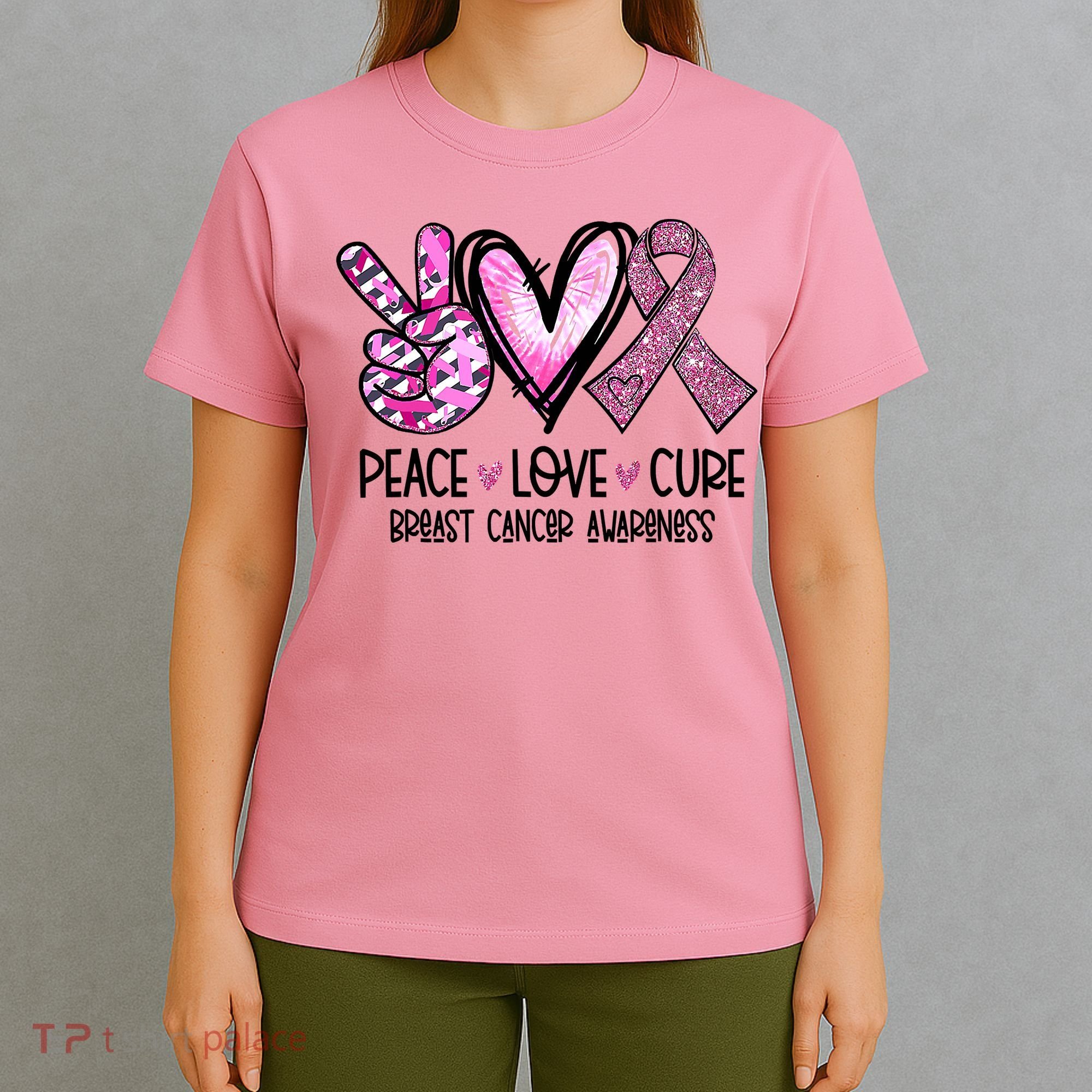 Breast Cancer Peace Love Cure Pink Ribbon Awareness T-Shirt