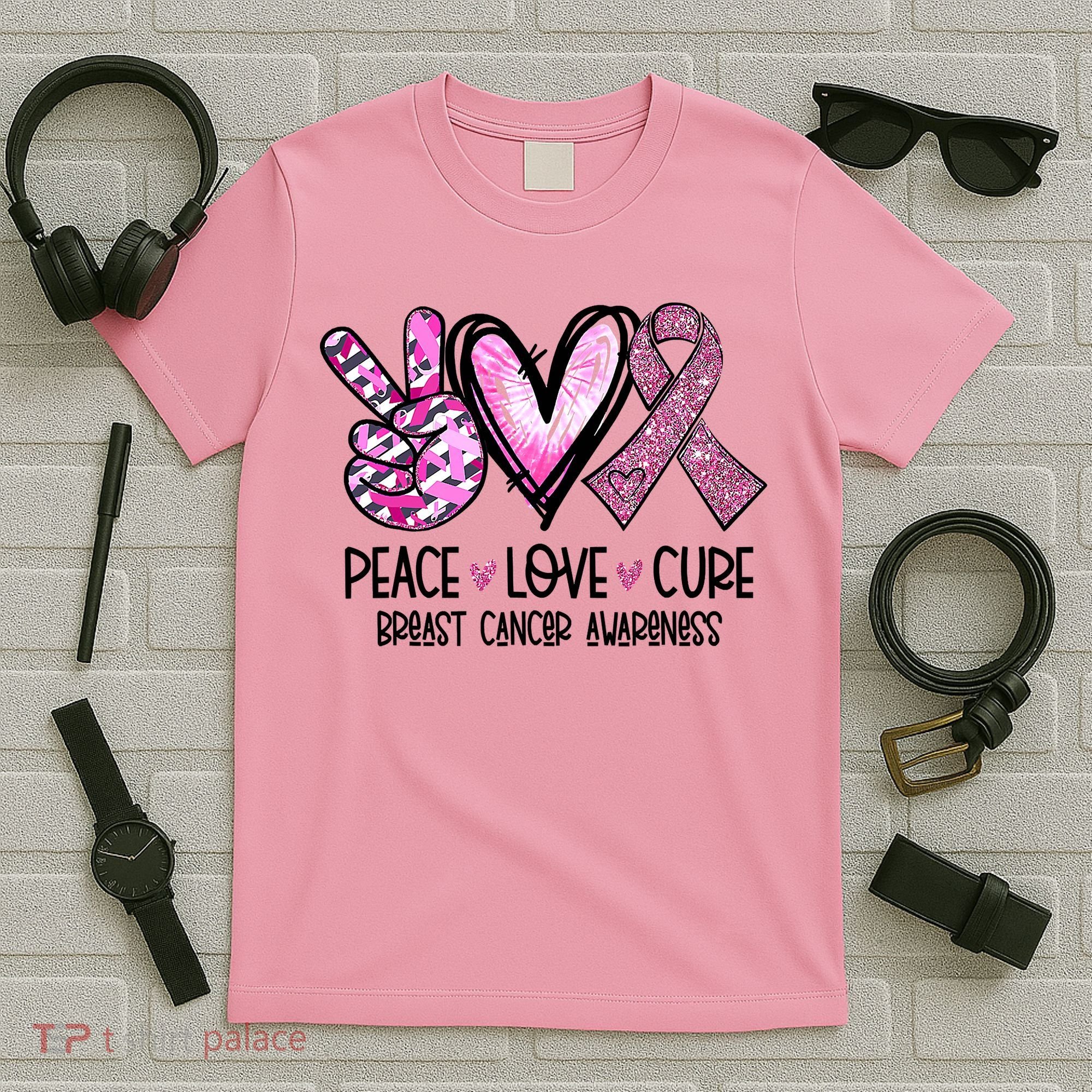 Breast Cancer Peace Love Cure Pink Ribbon Awareness T-Shirt