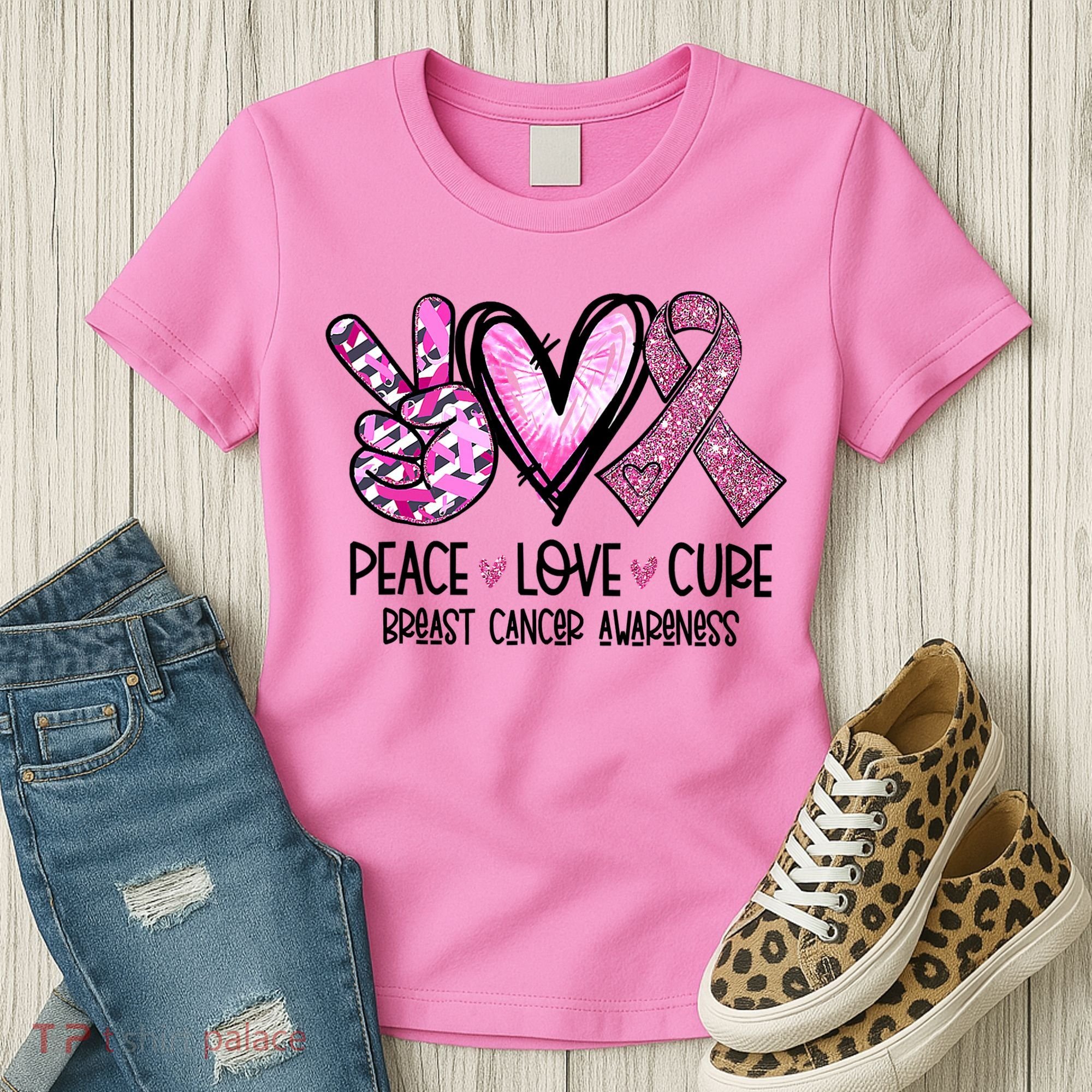 Breast Cancer Peace Love Cure Pink Ribbon Awareness Women's T-Shirt