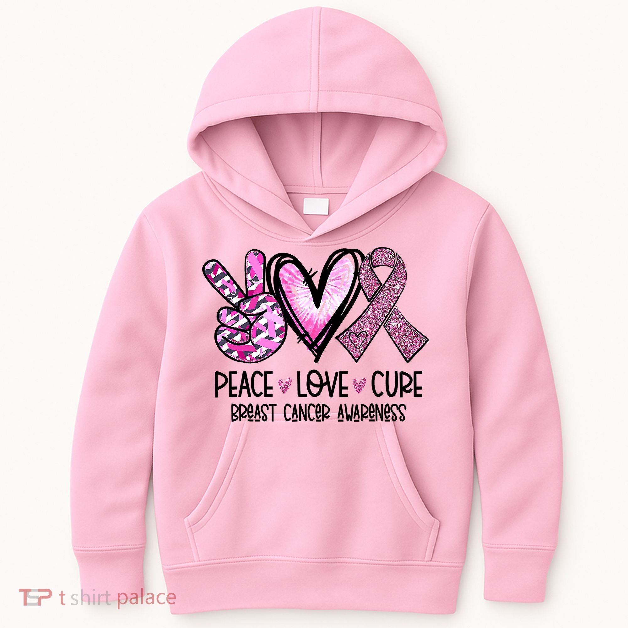 Breast Cancer Peace Love Cure Pink Ribbon Awareness Kids Hoodie