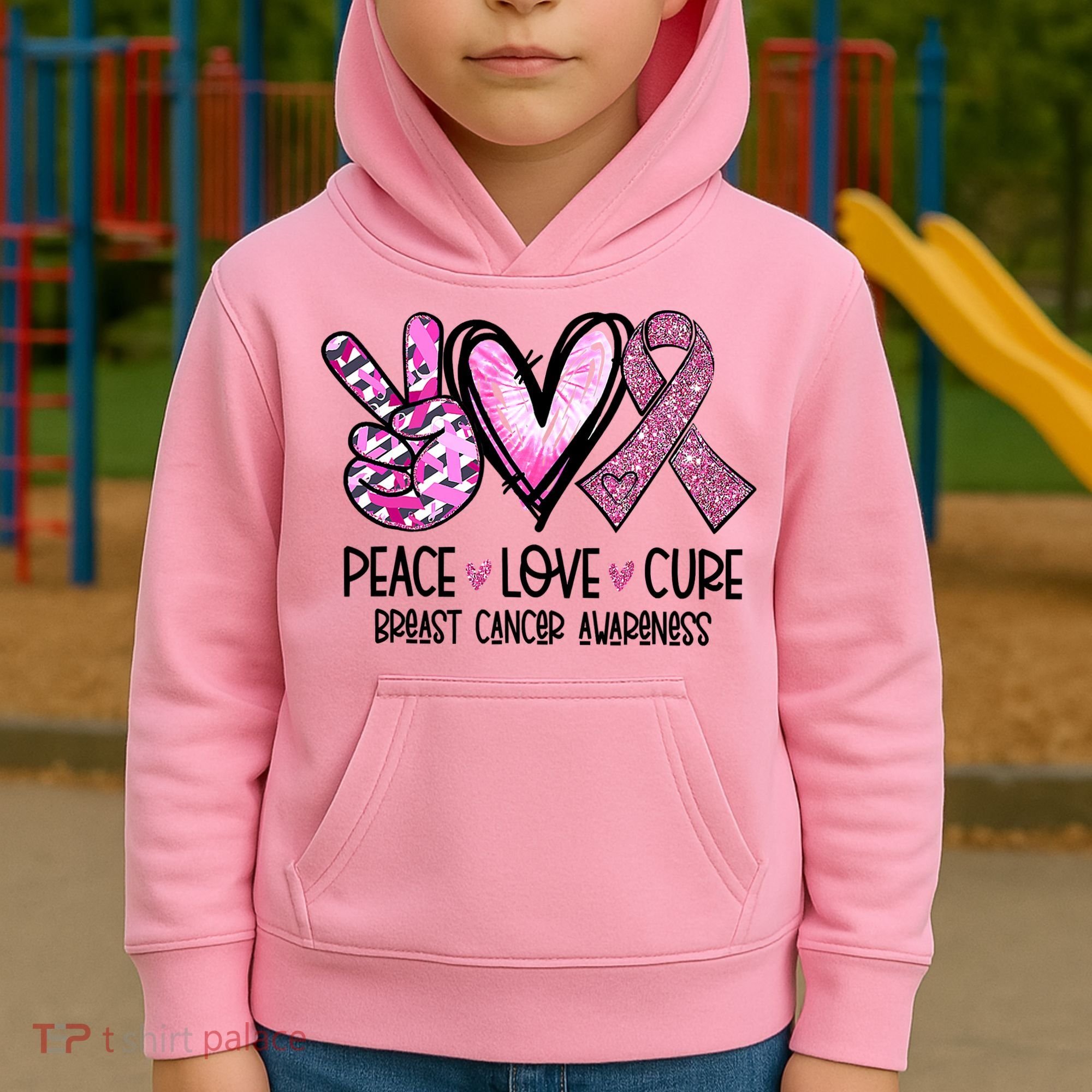 Breast Cancer Peace Love Cure Pink Ribbon Awareness Kids Hoodie