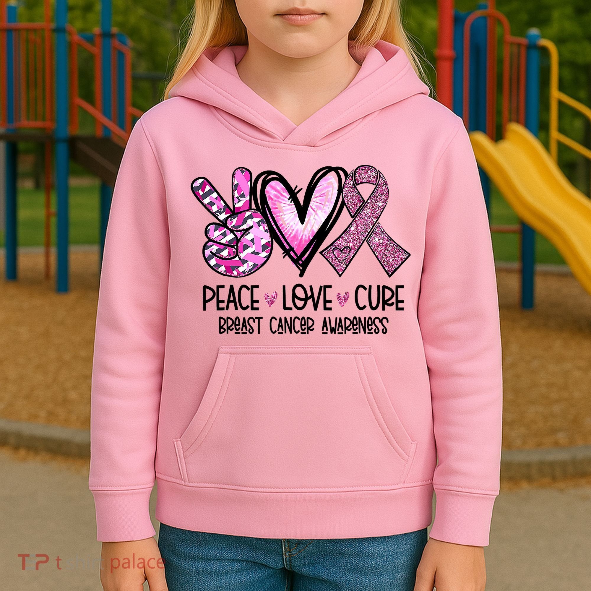Breast Cancer Peace Love Cure Pink Ribbon Awareness Kids Hoodie