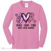 Breast Cancer Peace Love Cure Pink Ribbon Awareness Kids Long Sleeve Shirt thumb 0