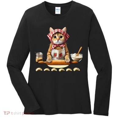 Babushka Cat Pierogi Making Polish Cat Women's Long Sleeve Shirt