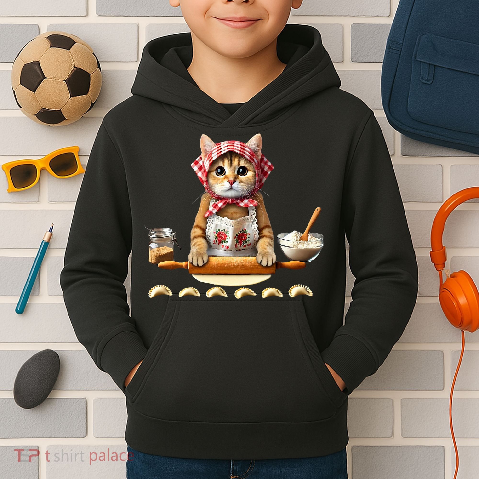Babushka Cat Pierogi Making Polish Cat Kids Hoodie
