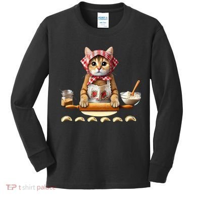 Babushka Cat Pierogi Making Polish Cat Kids Long Sleeve Shirt