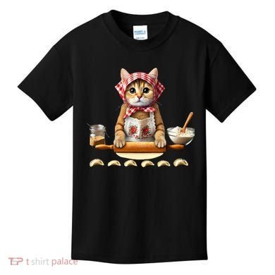 Babushka Cat Pierogi Making Polish Cat Kids T-Shirt