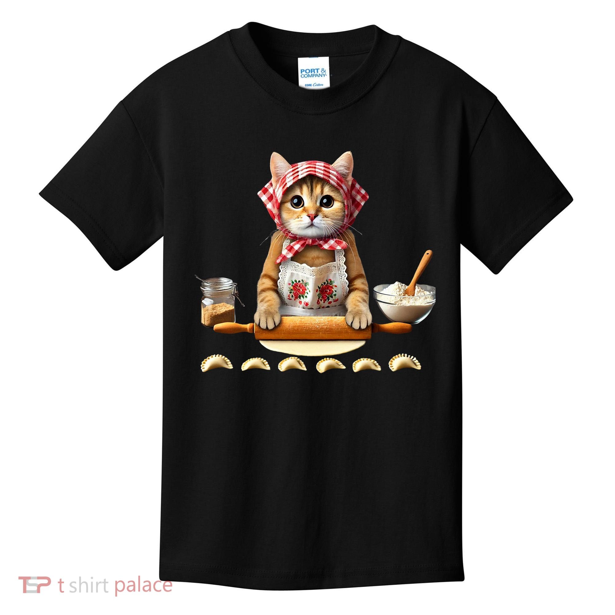 Babushka Cat Pierogi Making Polish Cat Kids T-Shirt