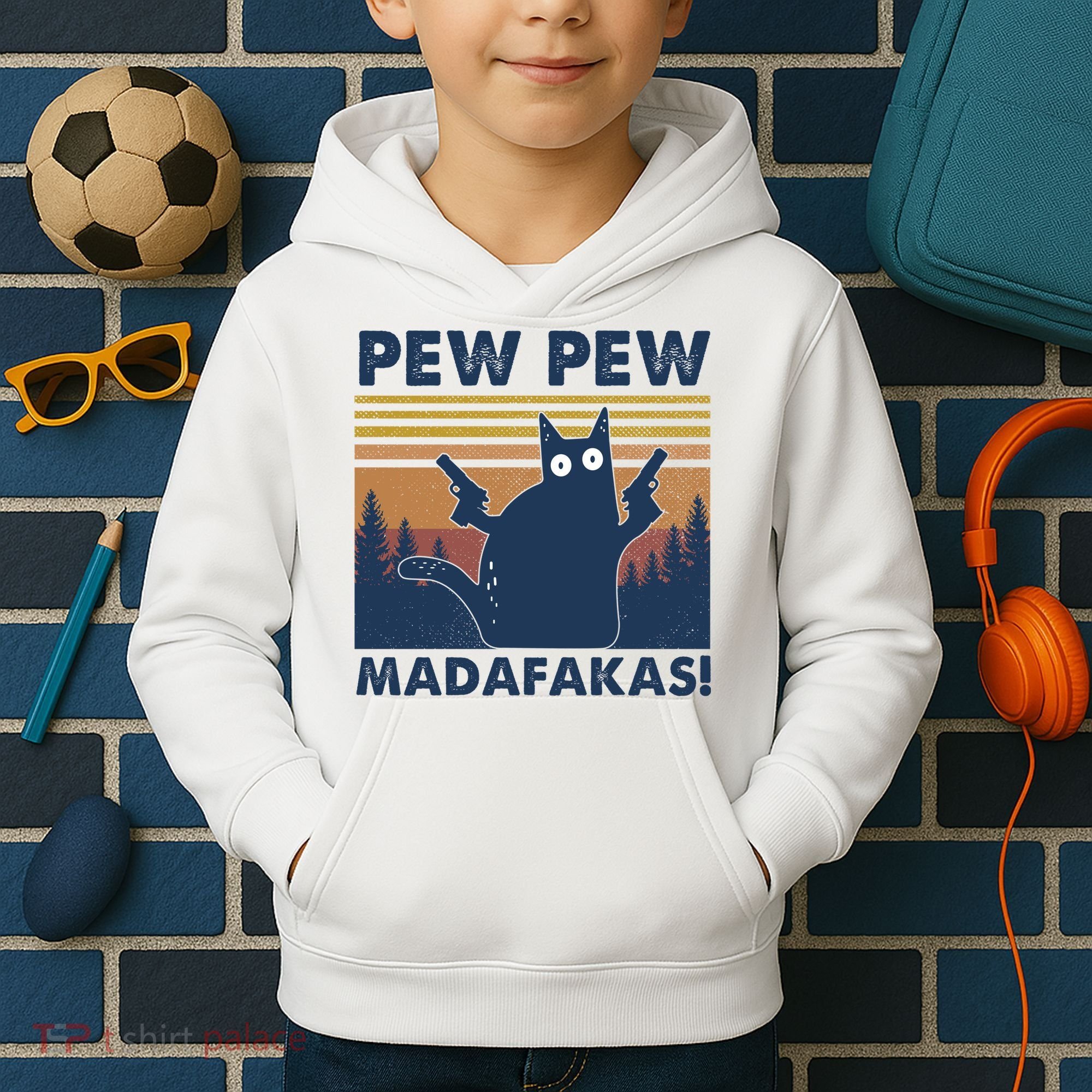 Black Cat Pew Pew Madafakas Kids Hoodie