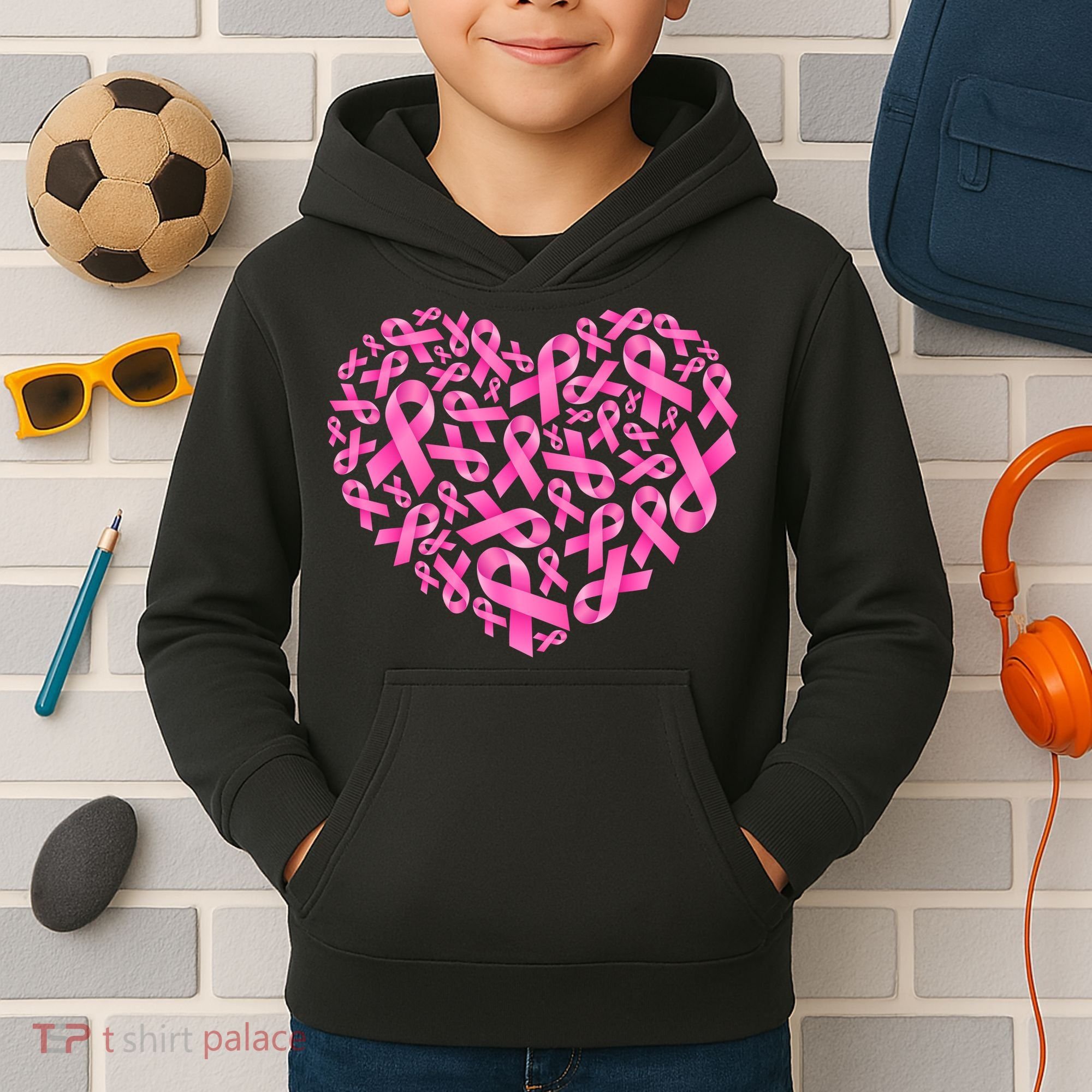Breast Cancer Pink Ribbon Heart Kids Hoodie