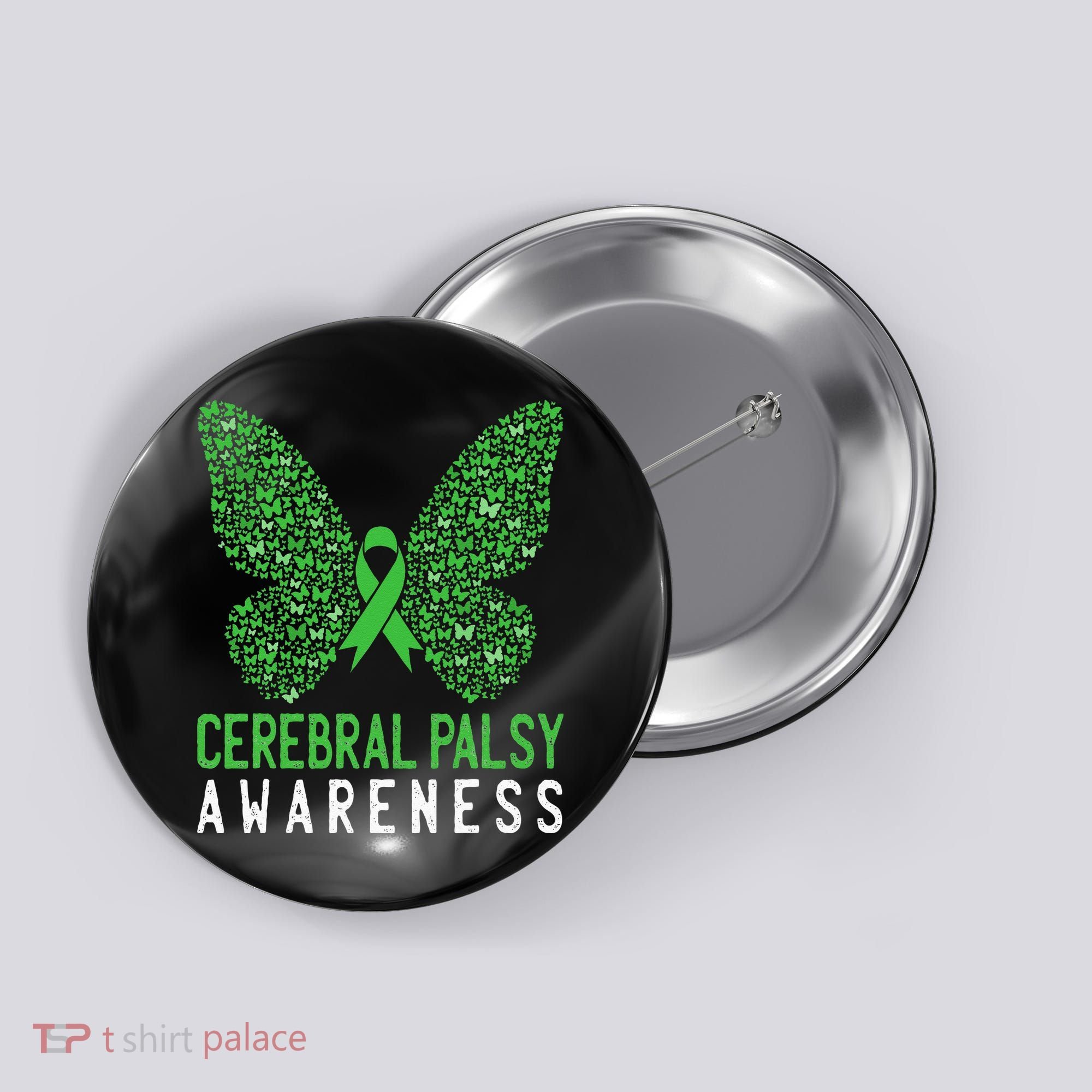 Butterfly Cerebral Palsy Awareness CP Green Ribbon Support Button