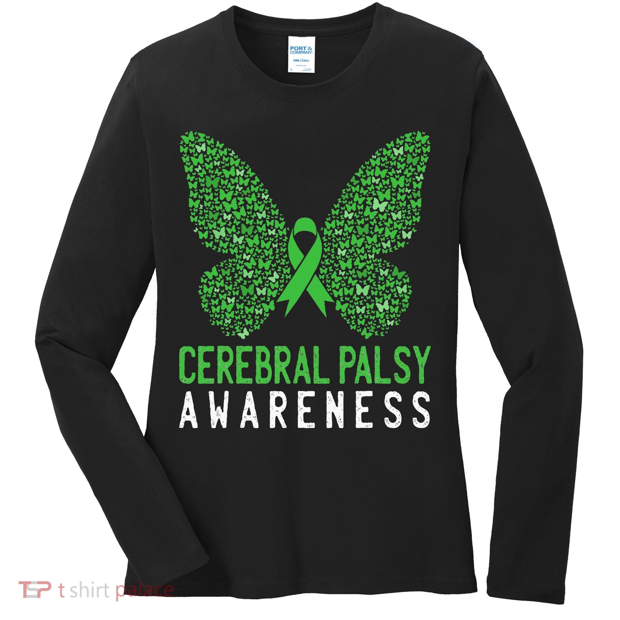 Butterfly Cerebral Palsy Awareness CP Green Ribbon Support Women's Long Sleeve Shirt