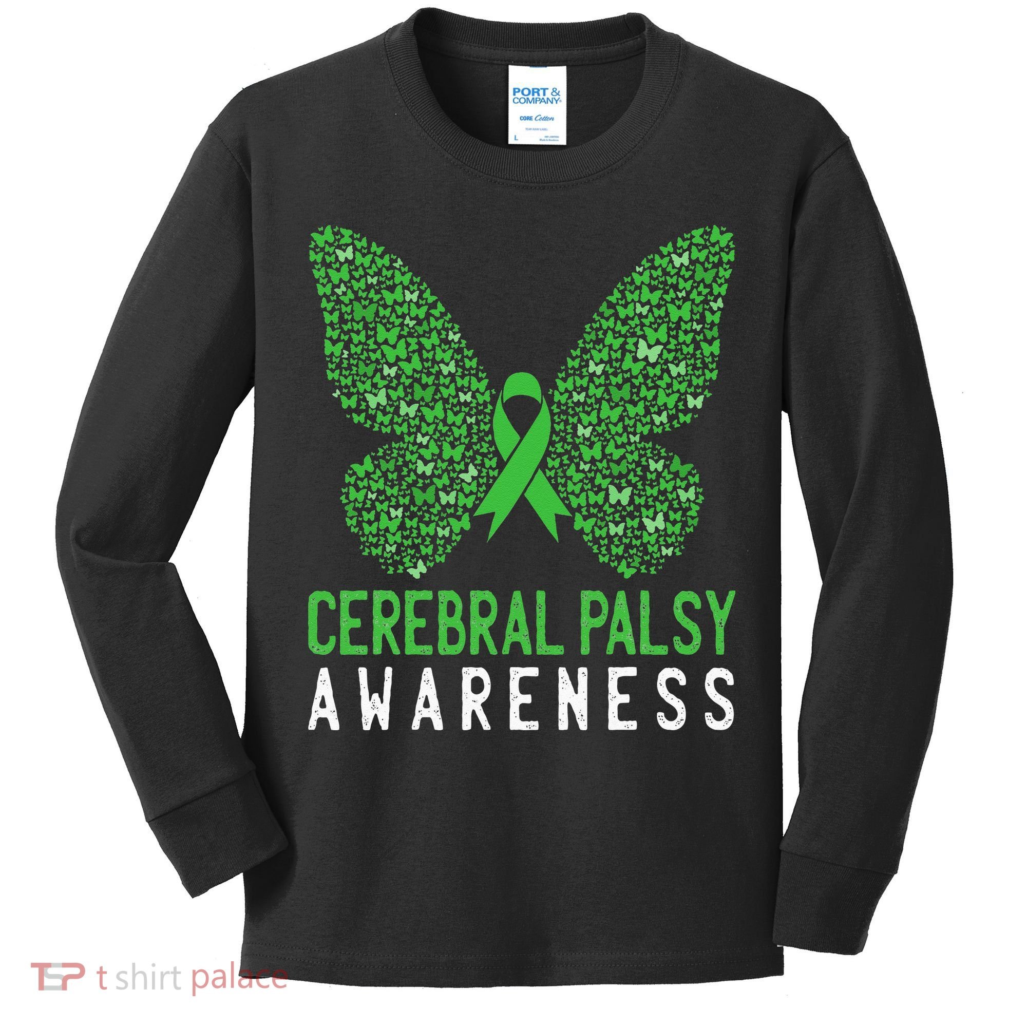 Butterfly Cerebral Palsy Awareness CP Green Ribbon Support Kids Long Sleeve Shirt