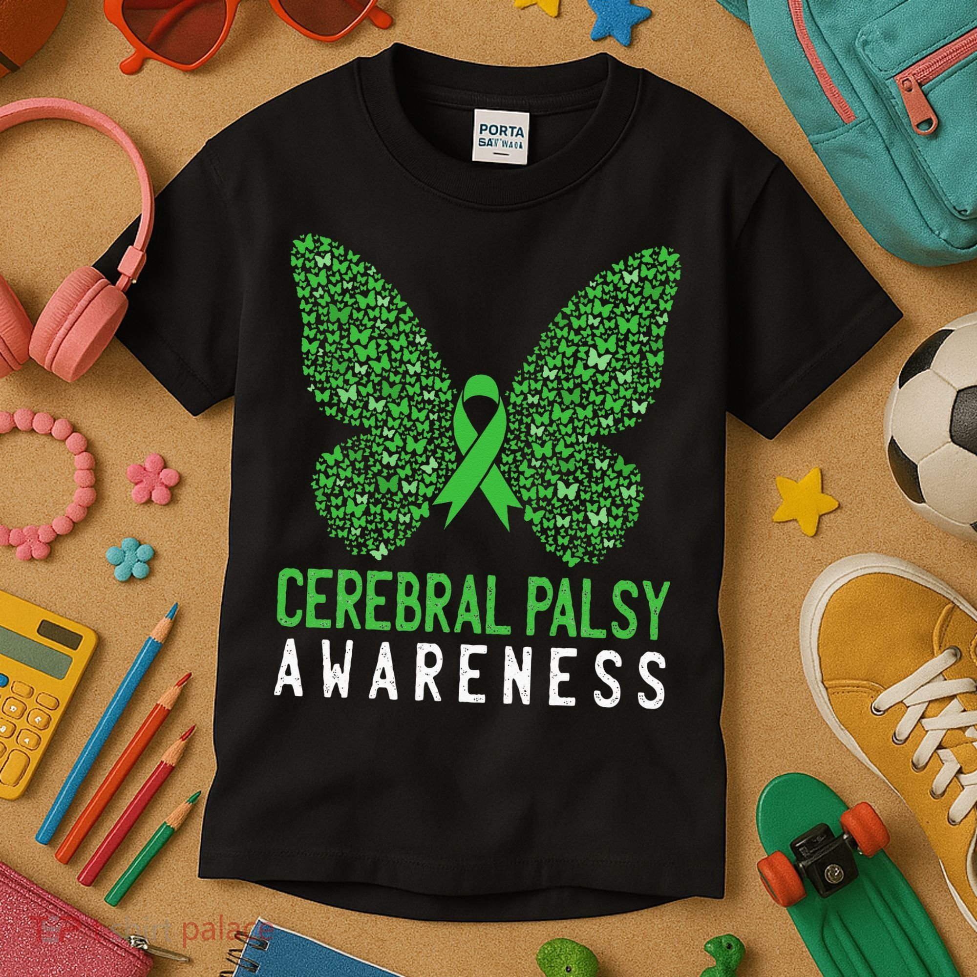 Butterfly Cerebral Palsy Awareness CP Green Ribbon Support Kids T-Shirt