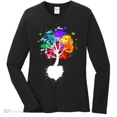 Bright Colorful Painted Butterfly Tree Women's Long Sleeve Shirt