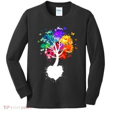 Bright Colorful Painted Butterfly Tree Kids Long Sleeve Shirt