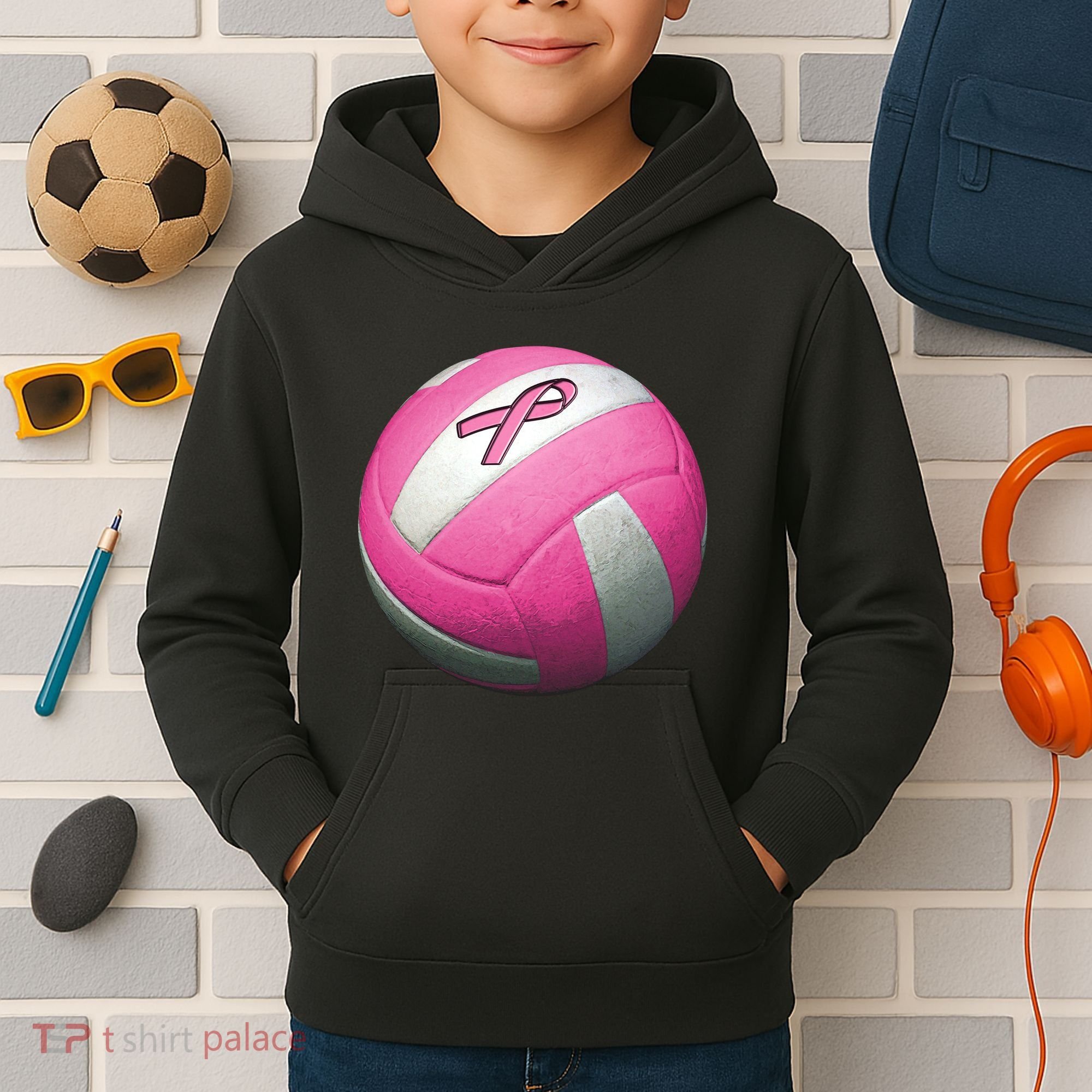 Breast Cancer Ribbon Pink Volleyball Kids Hoodie