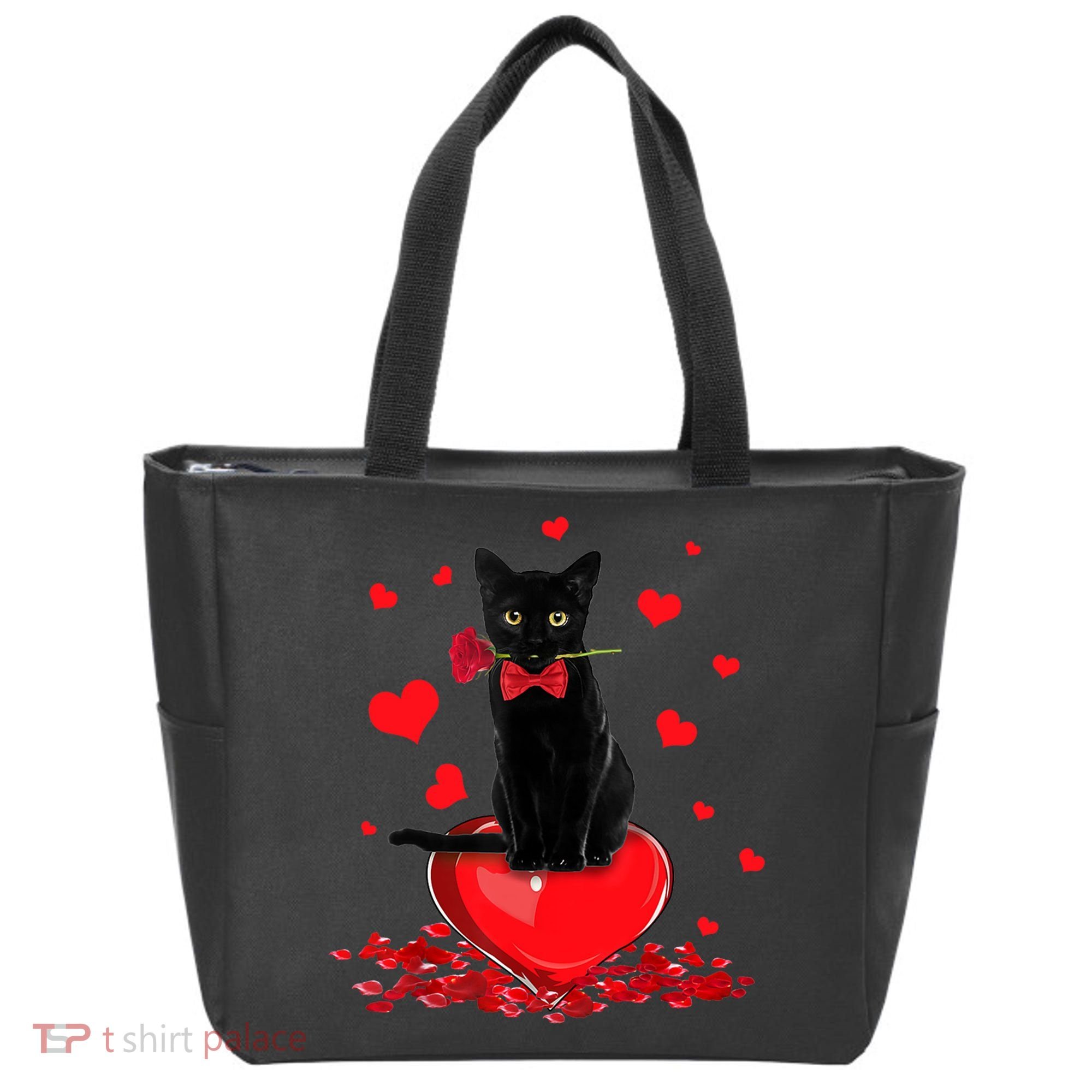 Black Cat Red Rose Valentines Day Tote Bag