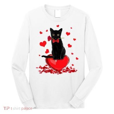 Black Cat Red Rose Valentines Day Long Sleeve Shirt