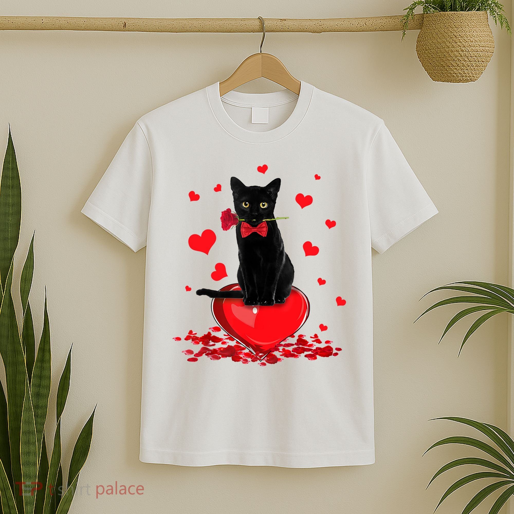 Black Cat Red Rose Valentines Day T-Shirt