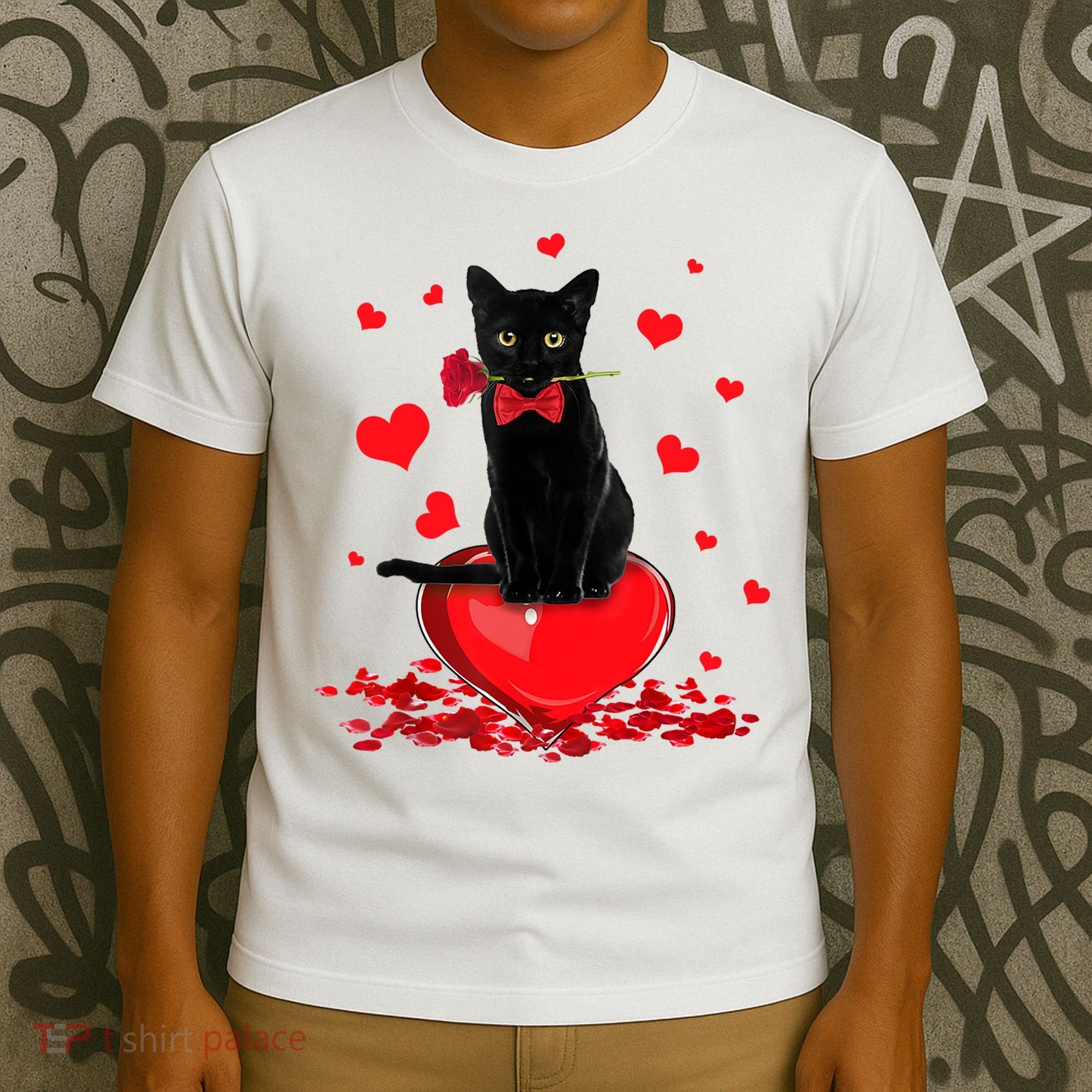 Black Cat Red Rose Valentines Day T-Shirt