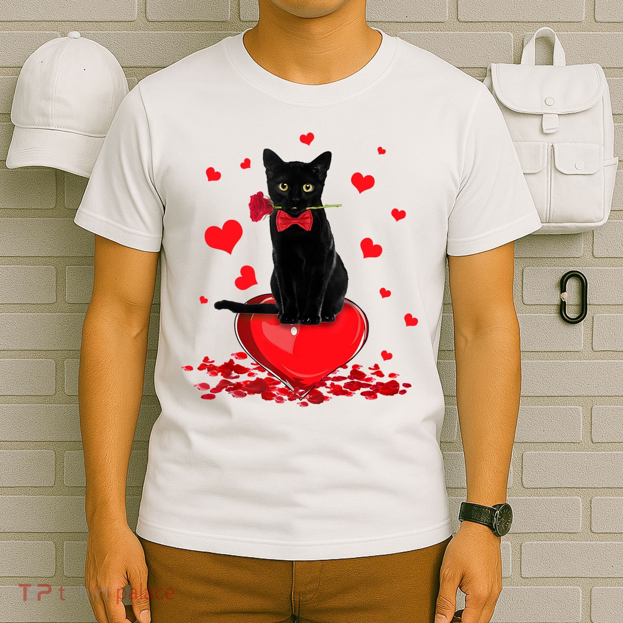 Black Cat Red Rose Valentines Day T-Shirt