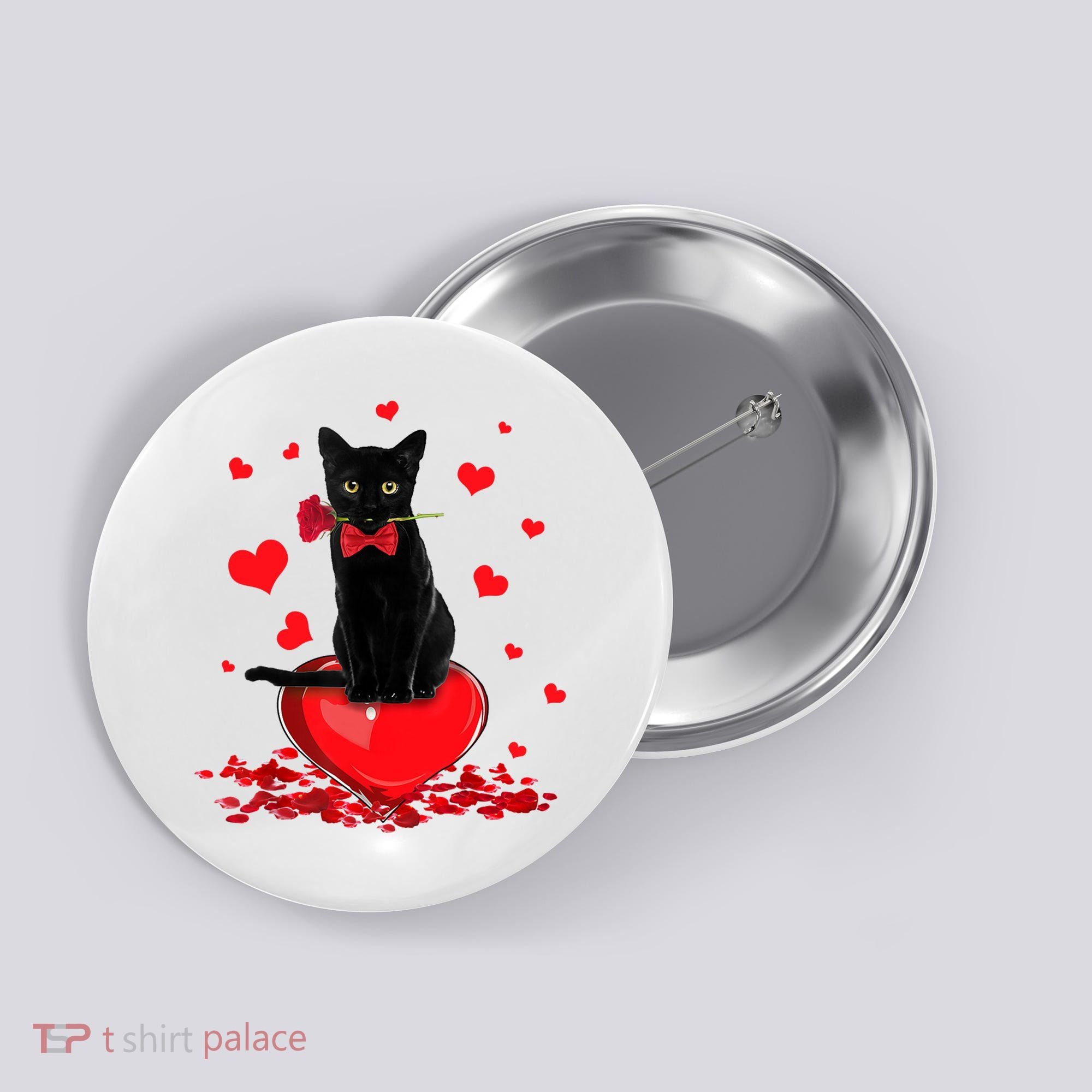 Black Cat Red Rose Valentines Day Button