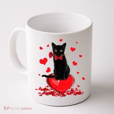Black Cat Red Rose Valentines Day Coffee Mug