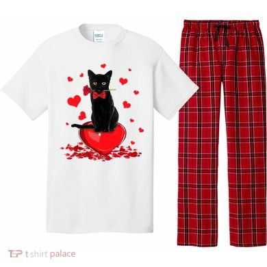 Black Cat Red Rose Valentines Day Pajama Set