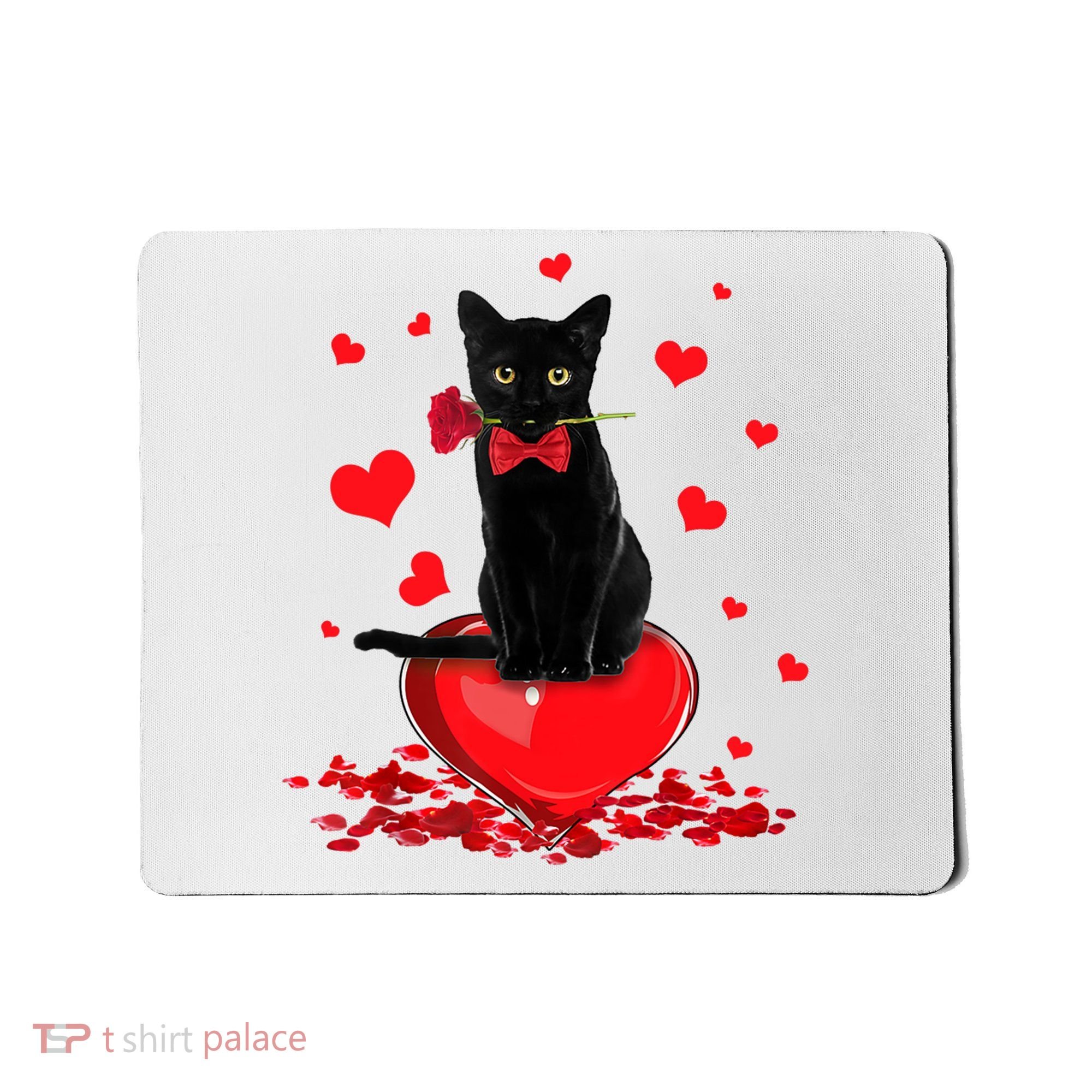 Black Cat Red Rose Valentines Day Mousepad