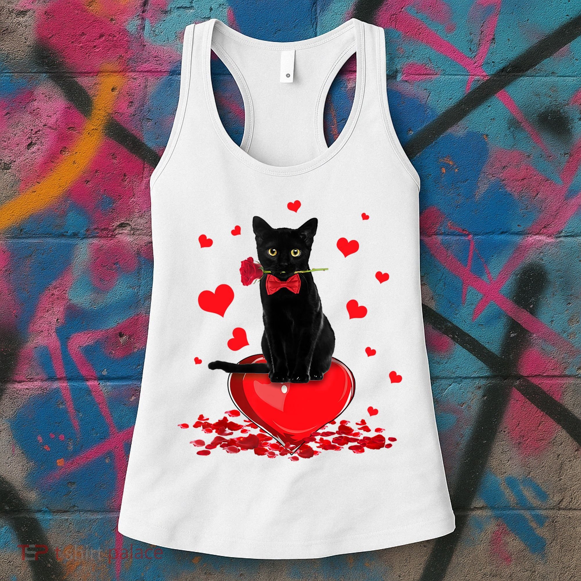 Black Cat Red Rose Valentines Day Women's Tank Top