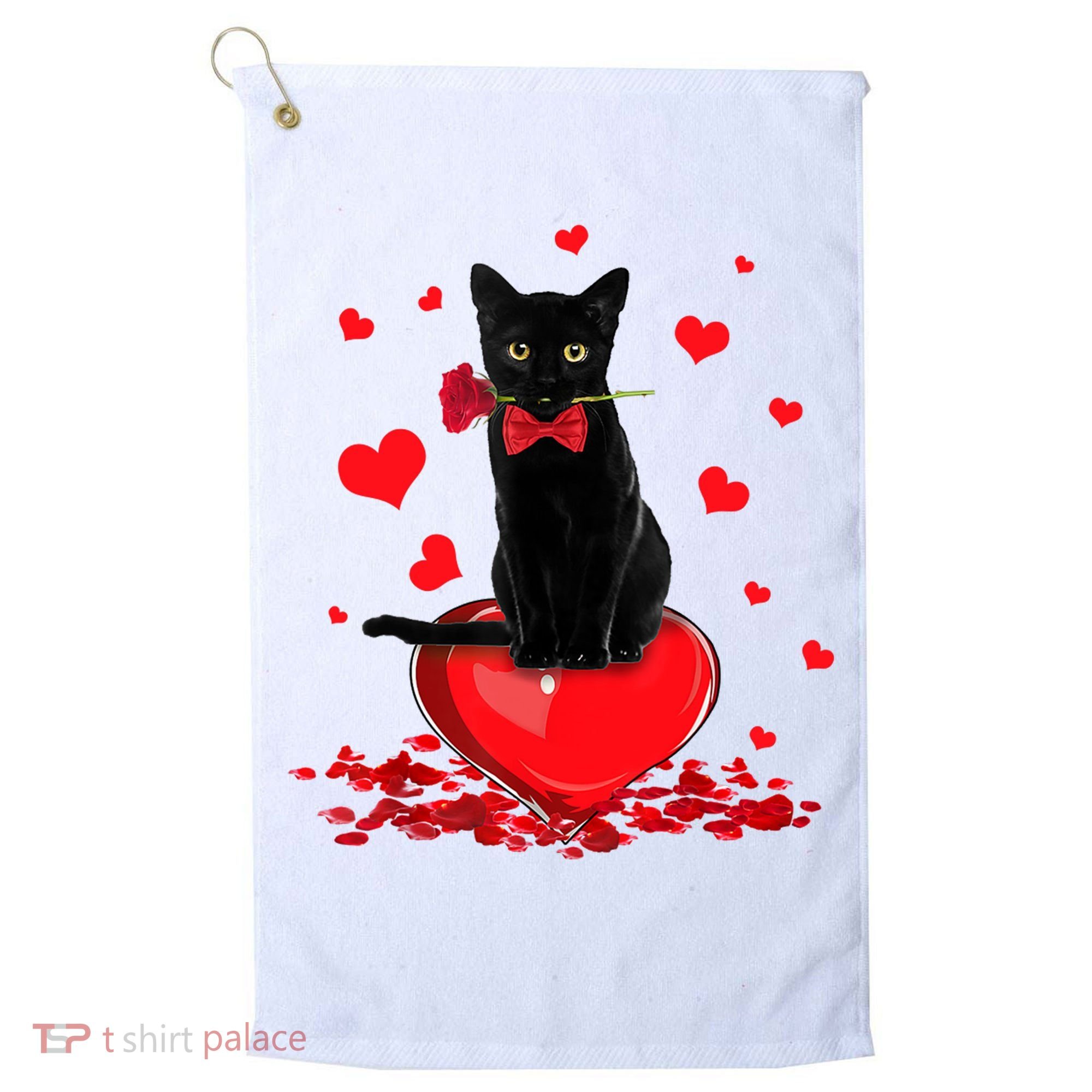 Black Cat Red Rose Valentines Day Golf Towel