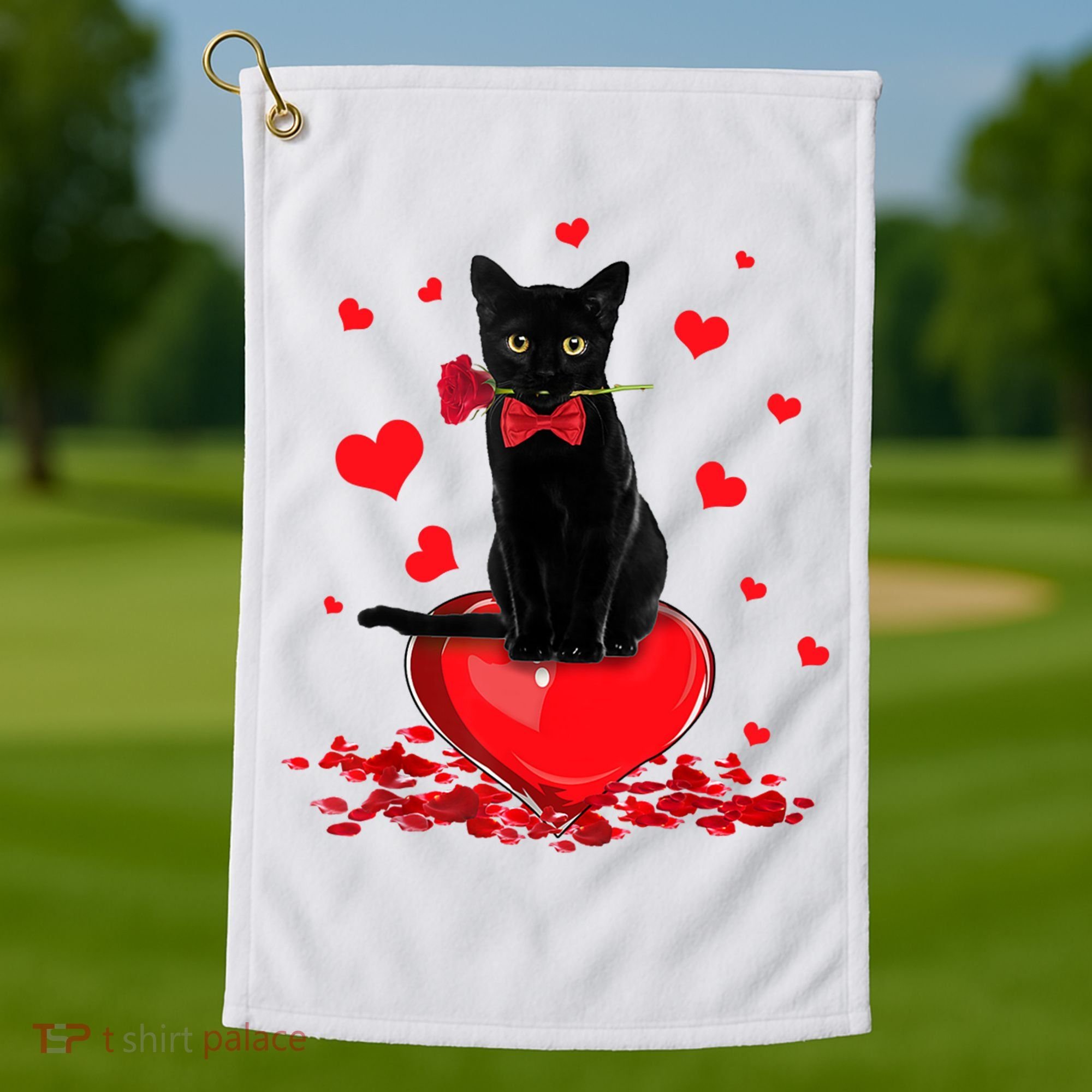 Black Cat Red Rose Valentines Day Golf Towel