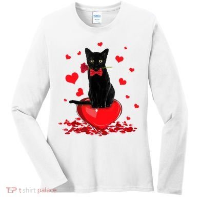 Black Cat Red Rose Valentines Day Women's Long Sleeve Shirt