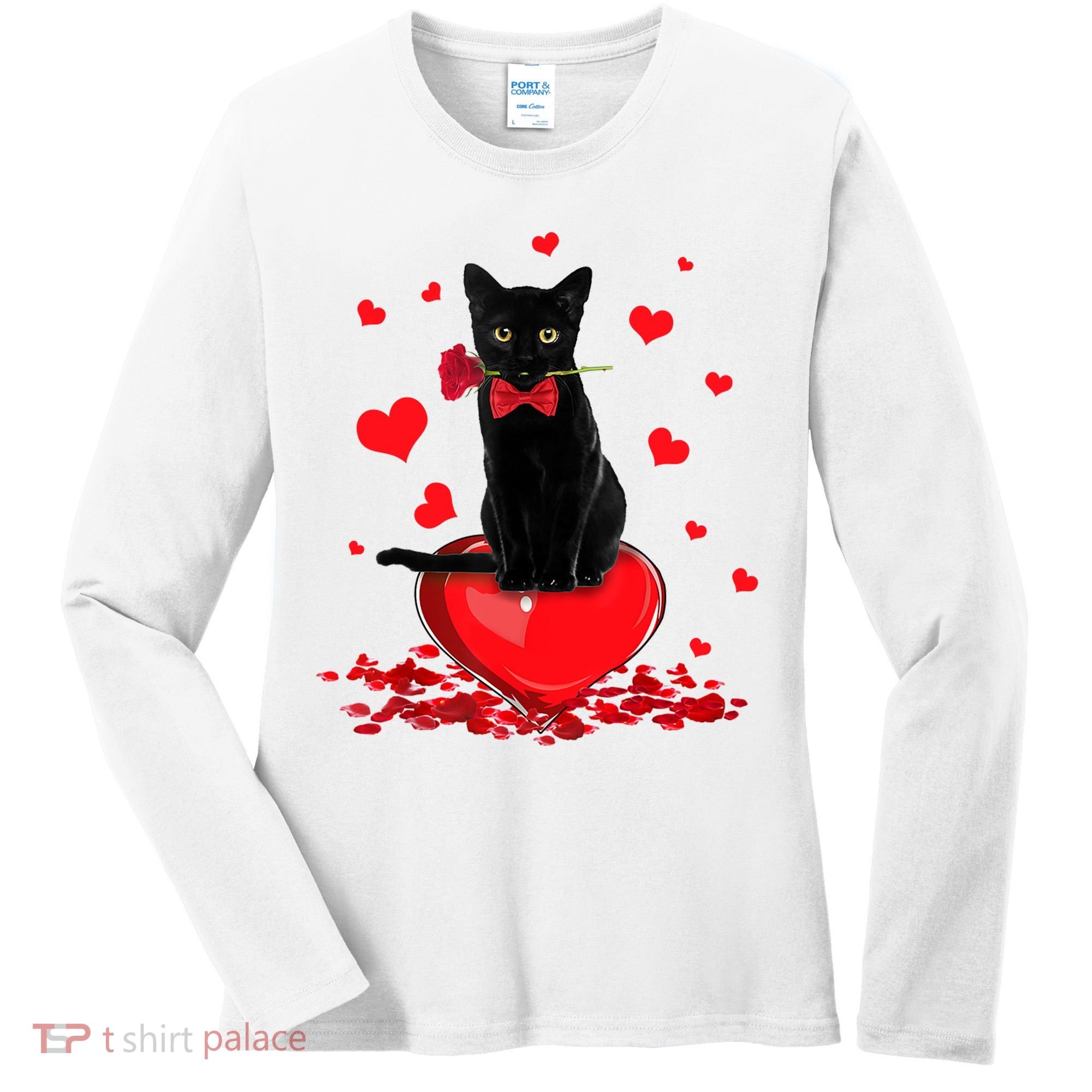 Black Cat Red Rose Valentines Day Women's Long Sleeve Shirt