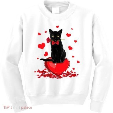 Black Cat Red Rose Valentines Day Kids Sweatshirt